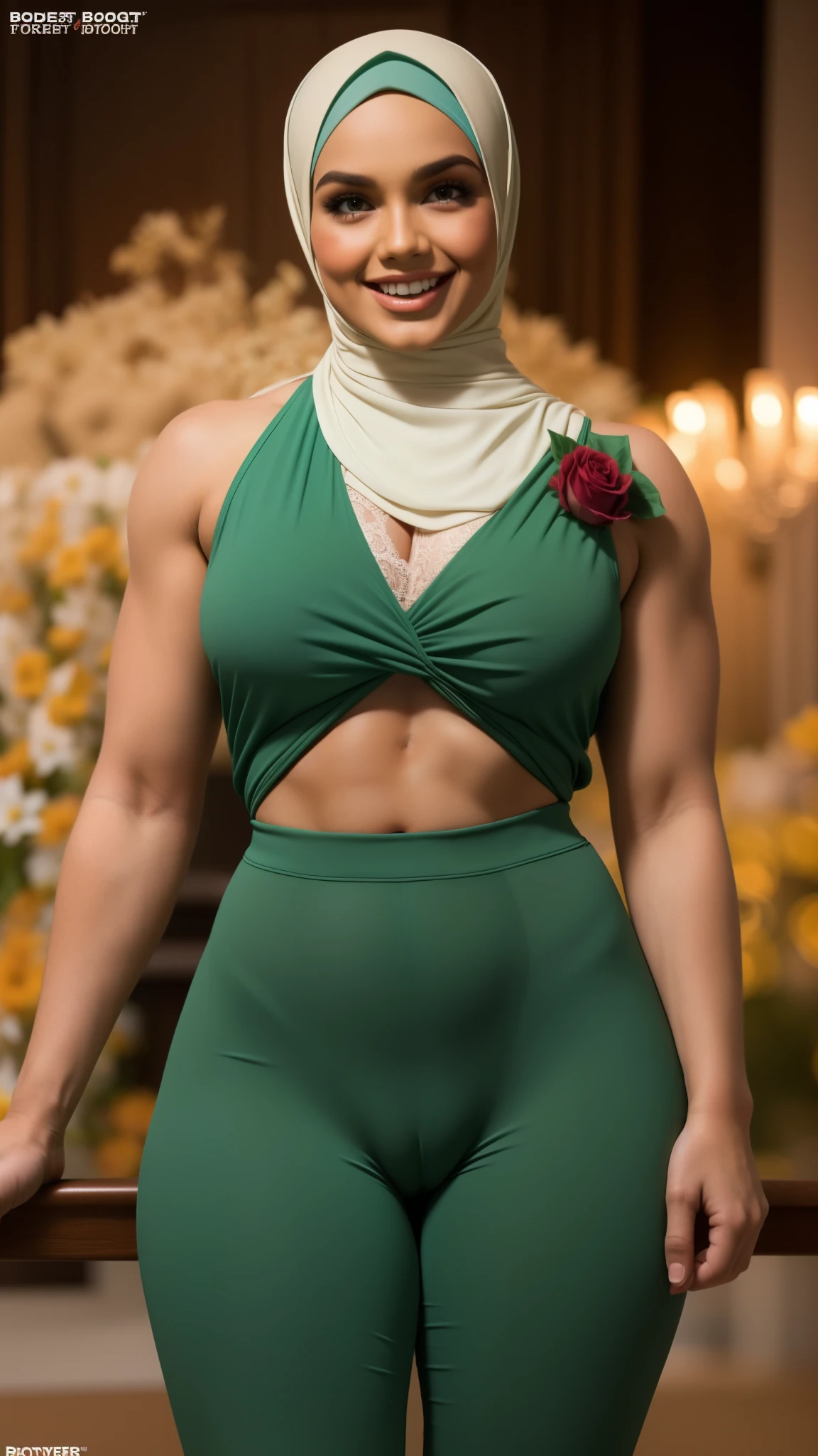 BODYBUILDER SMILE (HIJAB), (ROSE PANTIES PATTERN FLOWERS), NAKED AT FOREST & SMALL BOOTY, (THIN TINY TITS), ((FLAT CHEST)), NAKED BOXER GREEN