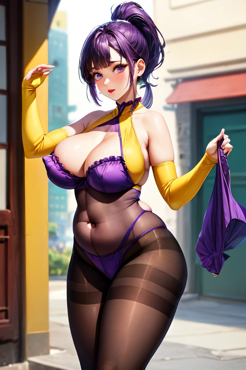 ((1woman)), 30yo, ((asian)), Japanese, pale, blue_eyeshadow, arched_eyebrows, red lipstick, ((yellow_spandex)), halter_bodysuit, bust_cutout, belly_cutout, purple_trim_around_cutouts, purple_trim_armholes, ((purple_sheer_pantyhose)), silk_pantyhose, ((purple_nipple_covers)), tassels, ((high_ponytail)), red_hairtie, frilled_ruffle_collar, lingerie, stripper_attire, burlesque_dancer, ((fat)), ((bbw)), apple_shaped_body, overweight, obese, ((large_breasts)), (detailed)