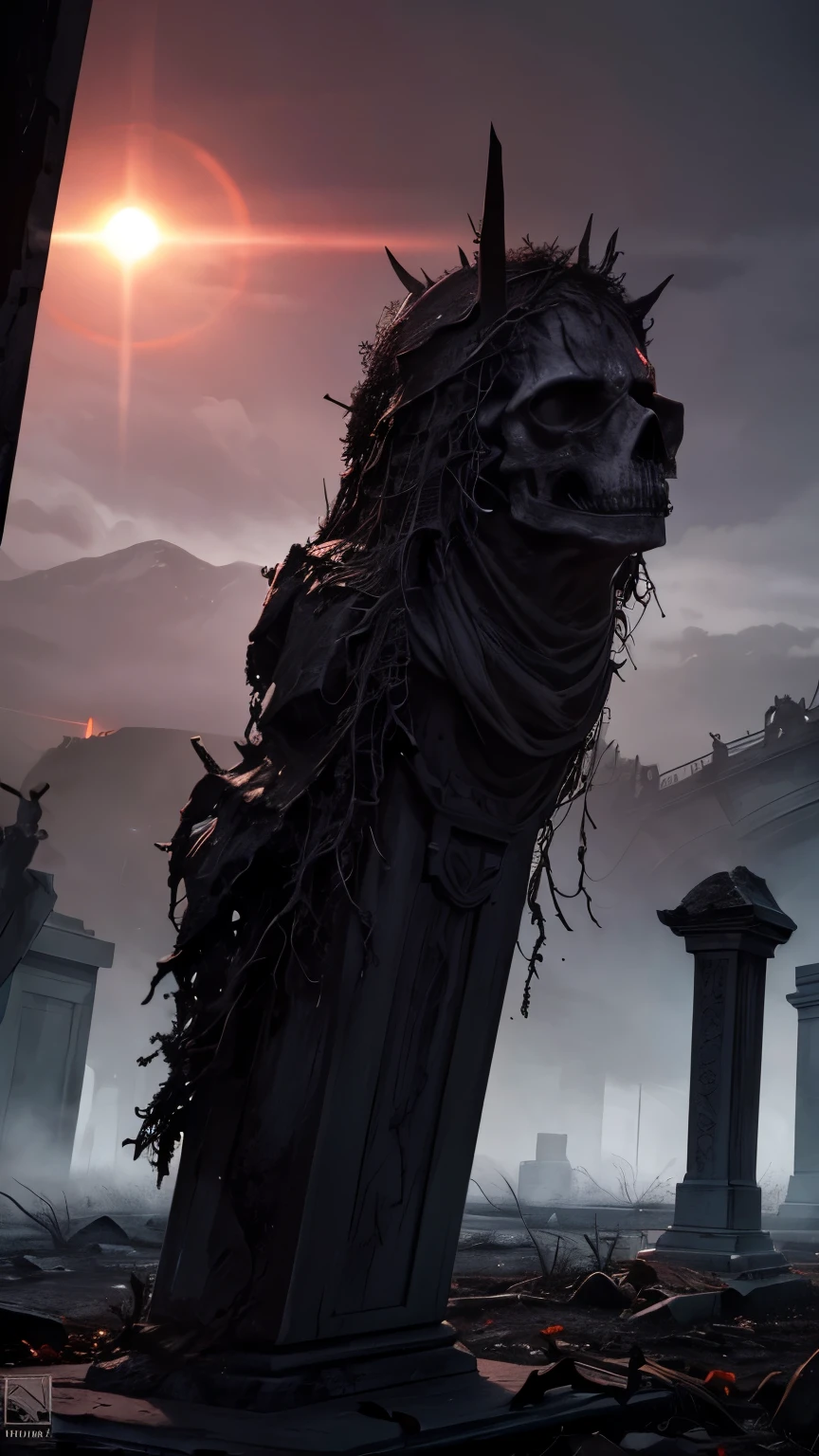 Resurrection of the corpse,red sky,temple of grave,(best quality,4k,8k,highres,masterpiece:1.2),ultra-detailed,(realistic,photorealistic,photo-realistic:1.37),dark,ominous,creepy,graveyard,decaying,withered,tombstones,gothic architecture,moonlit,haunting atmosphere,misty,aurora borealis,eternal silence,gloomy,ominous shadows,ethereal light,ancient curse,mysterious figures,crumbling statues,memories of the past,whispers in the wind,ancient rituals,mourning souls,shadows of the dead,dreadful peace,macabre beauty,sinister aura,blood moon,enchanted,ghostly presence,forlorn spirits,forbidden knowledge,dusk's embrace,cryptic symbols,eternity in darkness,```