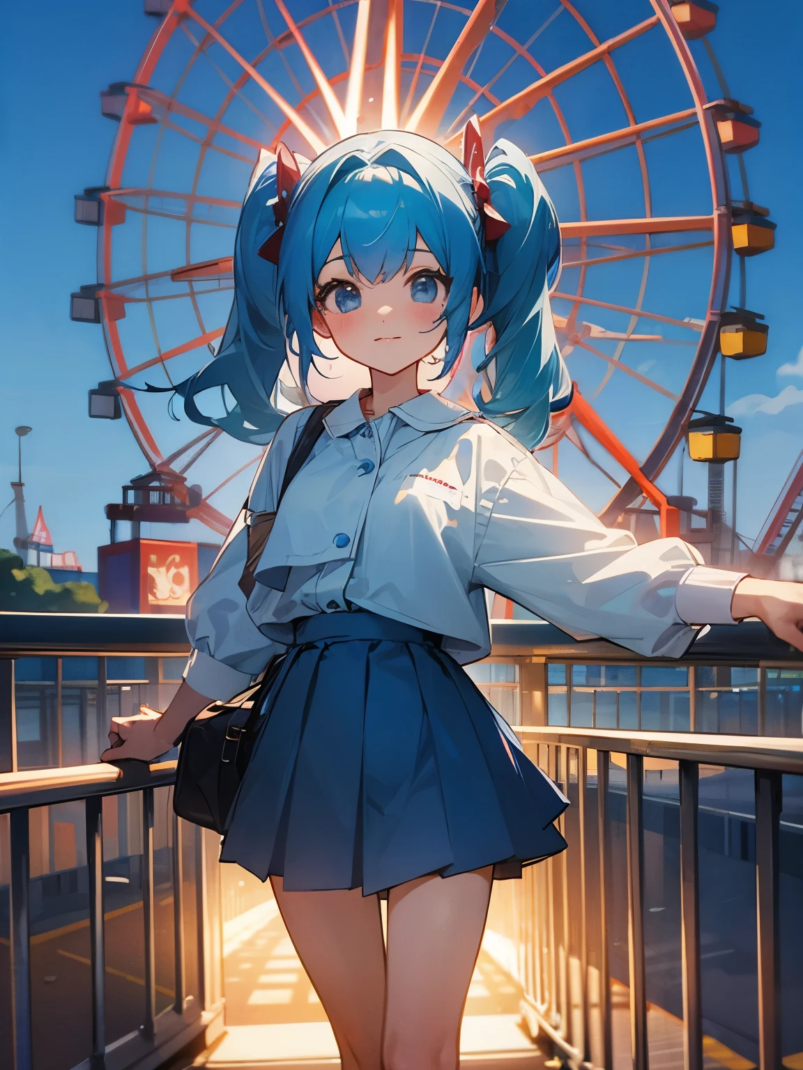 theme park amusement park attraction ferris wheel girl twintails light blue hair cute