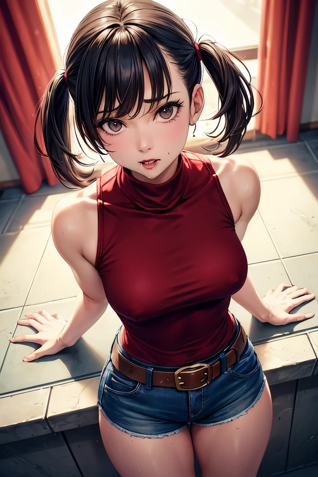 Woman, 30 years, sleeveless turtleneck shirt, short shorts and belt, adult, red, saliva dripping, hot wet woman, NSFW, open legs, from above