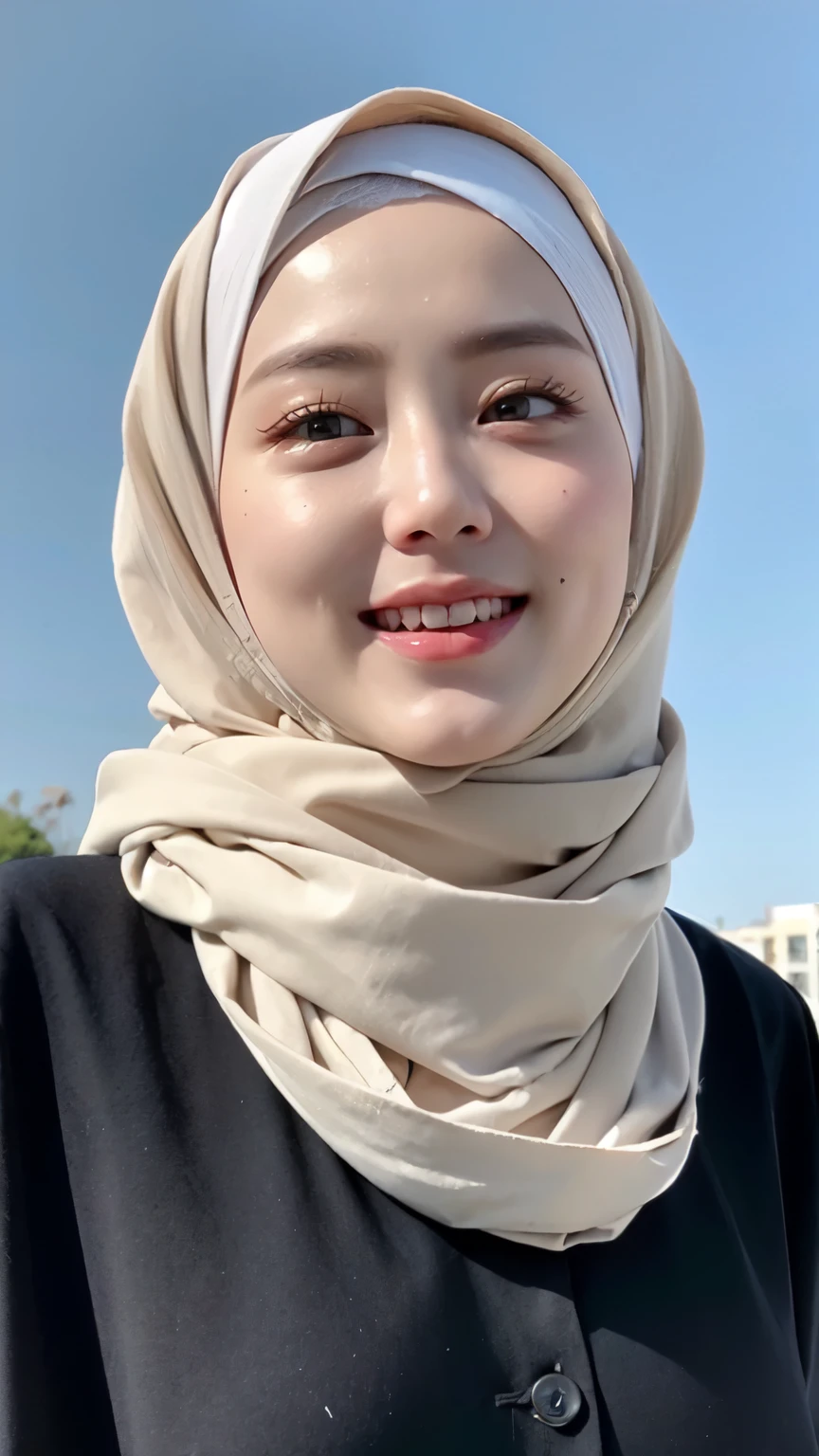 ((Best quality, 8k, Masterpiece :1.37)), (wear hijab girls), girls wear hijab, postion:standing, style model, (girls wearing hijab moslem), beautiful face, face bukkake, 18 years old girls, hair black, ultra detailed face, ultra detailed body, slim body, lips smile, Beautiful detailed eyes, eyes korean, detailed nose, Natural Lip, ((Lips Smile)), face smile, Wear hijab moslem, fancy jubba thobbe, view of the blue sky, Slim Body, realistic face, backround people hijab