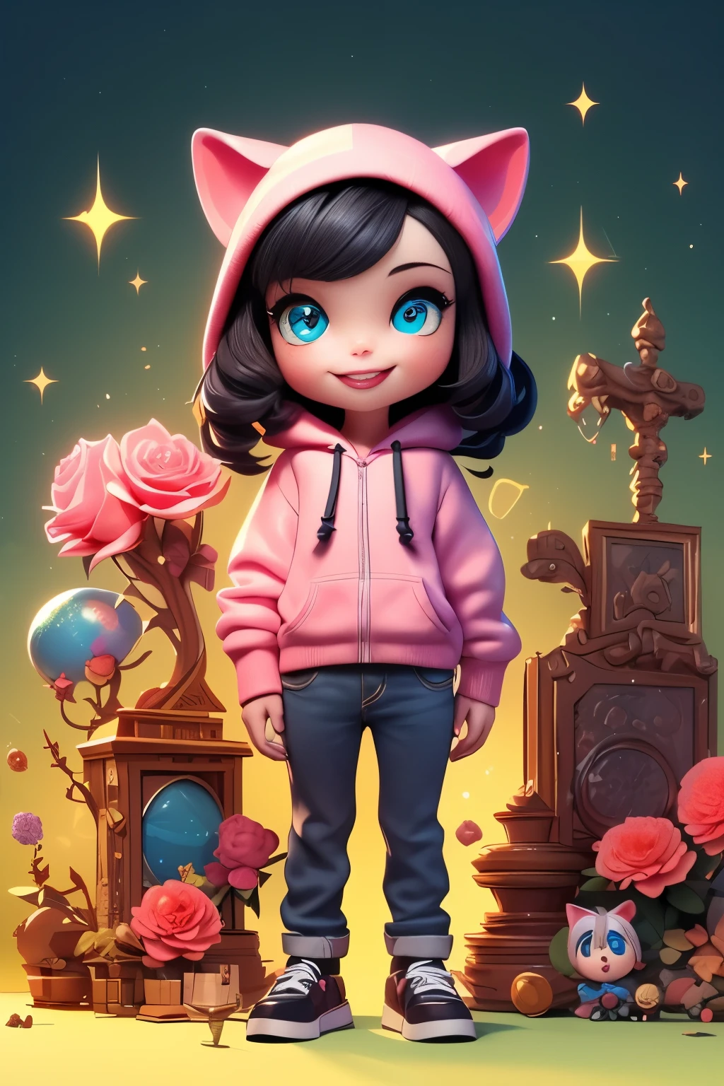 ​masterpiece、top-quality、ultra-detailliert、(Chibi, female that is hybrid humancat, 10 yrs old, black and pink hair , blue eyes, Rose Flower Carpet,A smile,Full-body standing figure,Glitter, wearing a black hoodie with cat ears and jeans,Pixar style super cute, standing, charming big eyes, cute tail, surreal, super fine, super detailed, illusory engine, 8k, Smile face. Blind box figures.