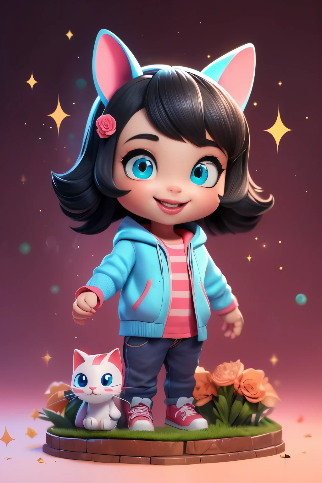 ​masterpiece、top-quality、ultra-detailliert、(Chibi, female that is hybrid humancat, rs old, black and pink hair , blue eyes, Rose Flower Carpet,A smile,Full-body standing figure,Glitter, wearing a black hoodie with cat ears and jeans,Pixar style super cute, standing, charming big eyes, cute tail, surreal, super fine, super detailed, illusory engine, 8k, Smile face. Blind box figures.