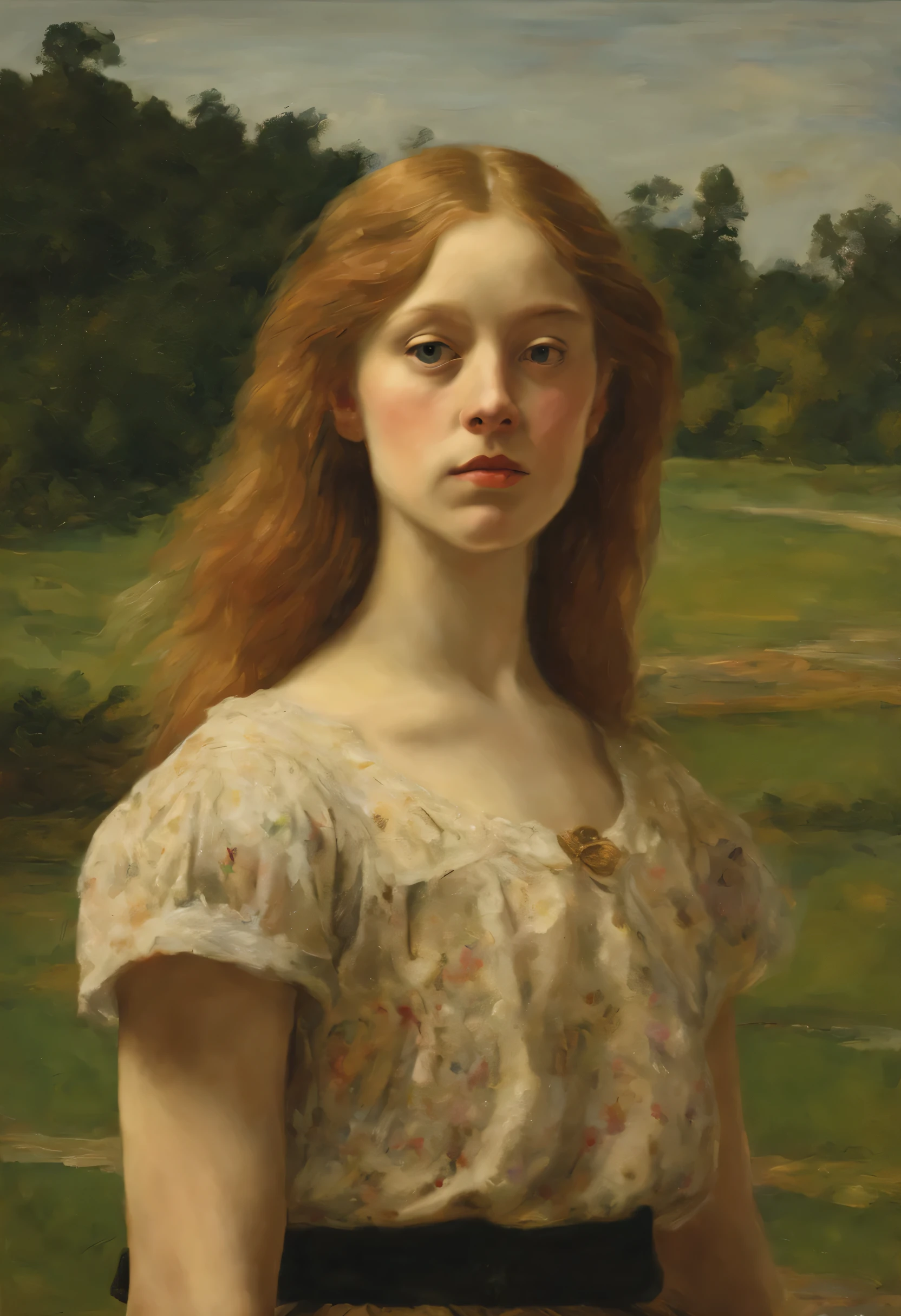 [((front portrait): Young Mina Sundwall, in the style of Thomas-Eakins]:20]/[background: nature landscape enemy planet of the future metropolis, [golden morning light], ( Author: Tarsila do Amaral style)], very colorful, ((Palette/oil painting Palette knife)), ((masterpiece)), Single shot, Impression, extreme detail, perspective, 8K