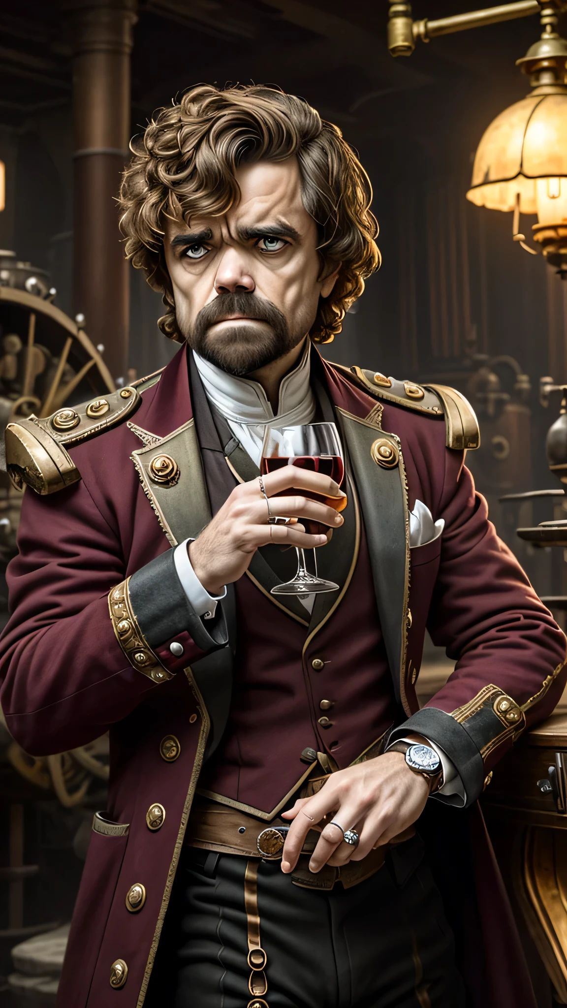 steampunkai, Peter Dinklage, Tyrion Lannister, (maroon tailcoat), (rings), (watch), (drinking wine), (steampunk inn), 1man, solo, beautiful detailed glow, detailed, cinematic light, intricate detail, realistic, highres, detailed facial features, high detail, sharp focus, smooth, aesthetic, extremely detailed, stamp, octane render