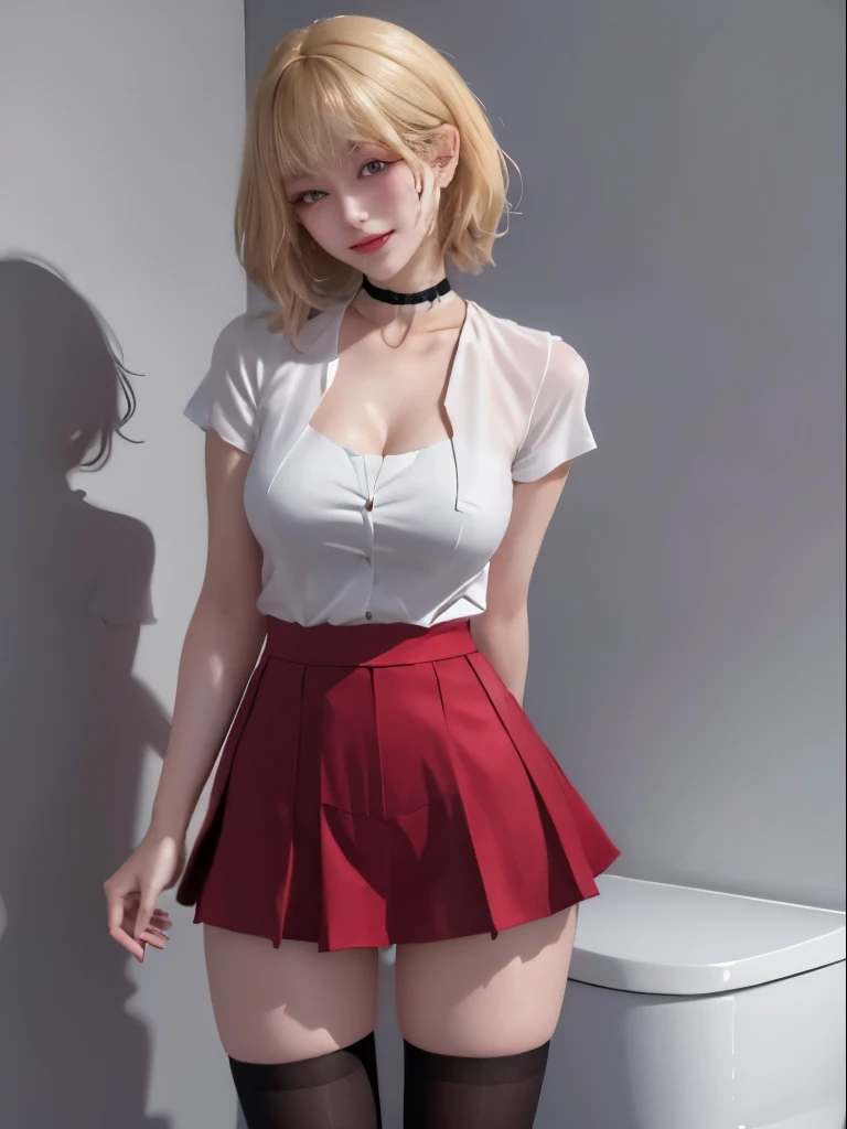 (8K, ultra High resolution, A masterpiece of the highest quality, professional be familiar with wallpaper, Ultimate Highly Detailed Everything, anime images, game CG),perfect human body、be familiar with face、be familiar with eyes), 1 girl,dark skin,short hair,white shirt,cleavage,blonde hair,grin,choker,pleated skirt,Thighhighs、Background bedroom , be familiar with background、be familiar with person、background bokeh、Shadow、dark toilet、dark、lights out、Shadow、Stains on the walls、Dark and dirty private toilet、dirty toilet、public toilet、official art、Full CG、high quality、High resolution、8K, high vision、be familiar with、clear、live action、(dripping sweat、oil skin,glowing skin、realistic skin texture、be familiar with beautiful skin、shiny skin、shiny skin), (Are standing:1.5、Ahegao:1.8, Mesgaquismiles:1.8, wall don:1.8)、(dripping sweat、oil skin,sparkling skin、realistic skin texture、detailed beautiful skin、shiny skin、shiny skin)