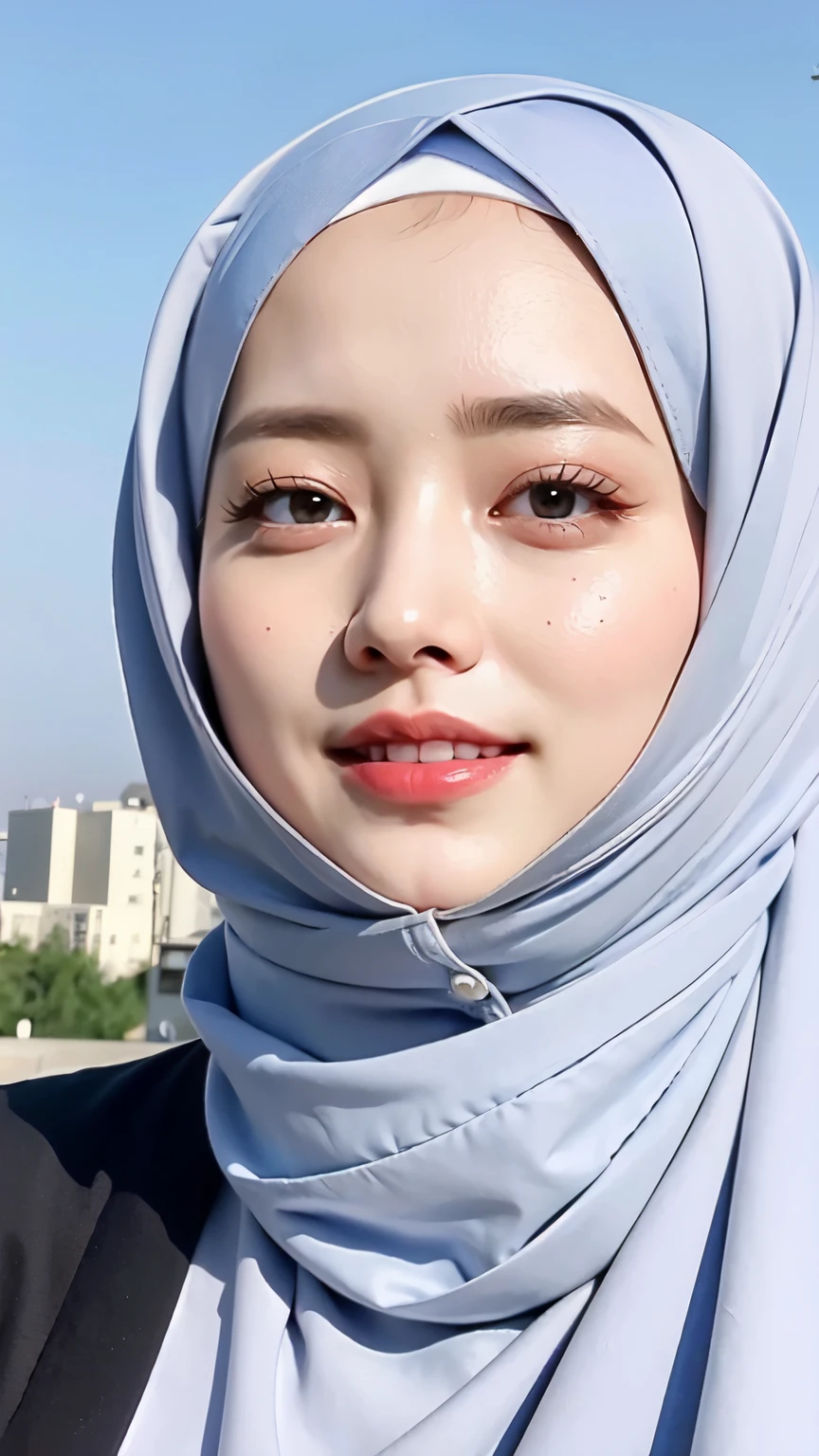 ((Best quality, 8k, Masterpiece :1.37)), (wear hijab girls), girls wear hijab, postion:standing, style model, (girls wearing hijab moslem), beautiful face, face bukkake, 18 years old girls, hair black, ultra detailed face, ultra detailed body, slim body, lips smile, Beautiful detailed eyes, eyes korean, detailed nose, Natural Lip, ((Lips Smile)), face smile, Wear hijab moslem, fancy jubba thobbe, view of the blue sky, Slim Body, realistic face, backround people hijab