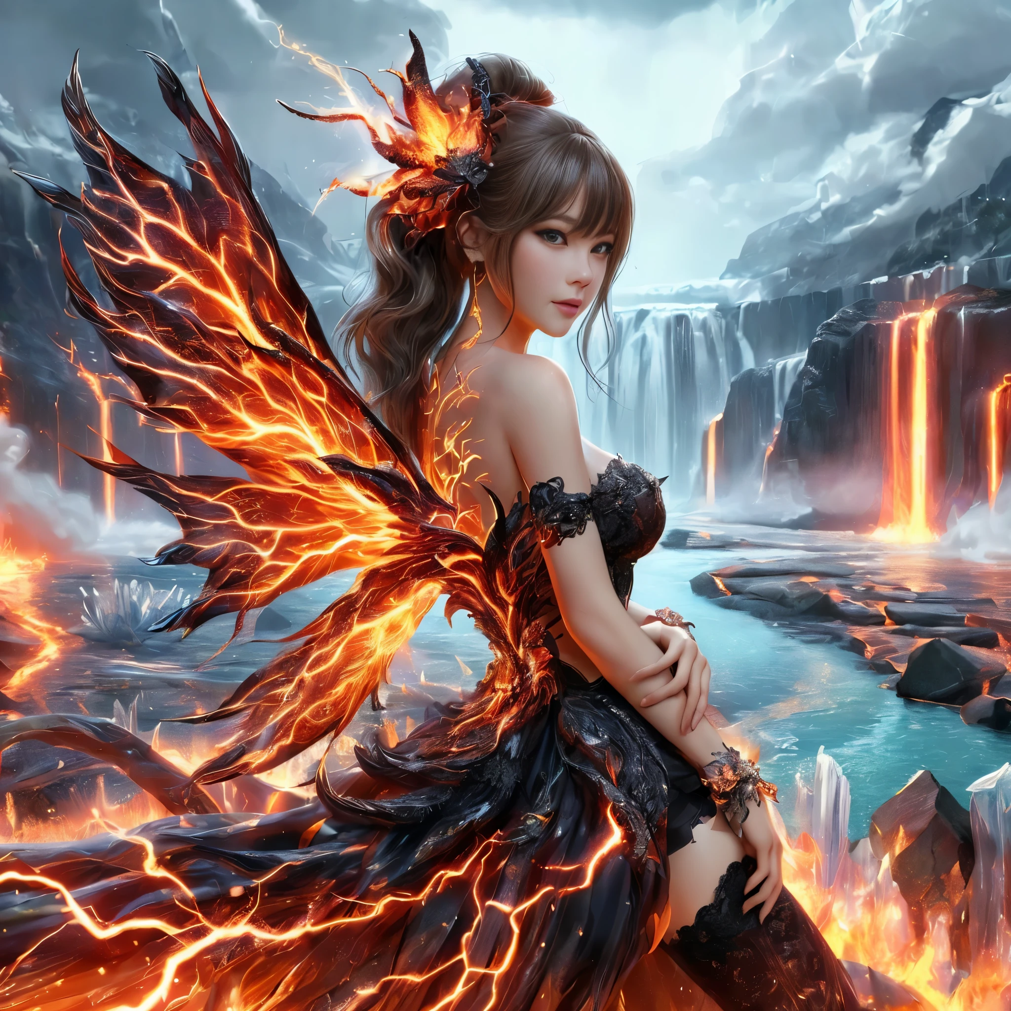 arafed woman with gigantic breast in a
Tight lightning steel dress in front of a building, wearing an ornate outfit, ornate dress, intricate dress, elegant fire dress, ornate and elegant, extravagant dress, inspired by Hedi Xandt, ornate attire, intricate outfit, ornate royal gown, ornate clothing, ornate gown, intricate and elegant, intricate detailed dress, ornate , high heels, royal dress, detailed hand, Fire in the body, water on the dress, lightning element, fire element, lightning wings,full water,Transparent clothing, masterpiece, best quality:1.2),,(8k,highres,RAW photo,realistic,photo-realistic:1.3),(detailed skin texture,detailed cloth texture,detailed water, texture, beautiful detailed face:1.25),professional lighting,photon mapping,beautiful soft light,radiosity,physically-based rendering,raytracing, model shoot style, model shoot style, (extremely detailed CG unity 8k wallpaper), full shot body photo of the most beautiful artwork in the world, (NSFW), (Nude), (Naked), (Nipple)