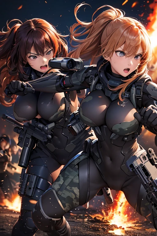 best quality,super detailed,shiny skin,1woman in her 20s,Beautiful jpn-woman,villain,(full body),(one female commando),(black and glay camouflage combat suit:1.3),(shoot a machine gun:1.6),(protector),army boots,(red blonde:1.2),(angry face:1.2),(square hanging eyes),precisely drawn face,(super big breasts),(big ),thigh focus,dynamic pose,futuristic equipment,(In combat:1.3),(urban warfare),Explosion and flames,cyber punk,night,1thumb and 4fingers,