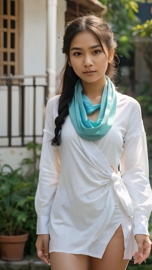 Generate a high-resolution, full-body shot image of a young Burmese girl(girl playing2×3×7×8) elegantly dressed in a casual dress white long sleeve top and plain light blue Hta-Mein, (shirt lift style lift), white panty,a green transparent scarf symmetrically perch on shoulders, a flower on her hair knot , Ensure she embodies grace and poise while standing in a serene,, culturally rich setting. The image should showcase intricate floral pattern details and exude an atmosphere of timeless beauty.