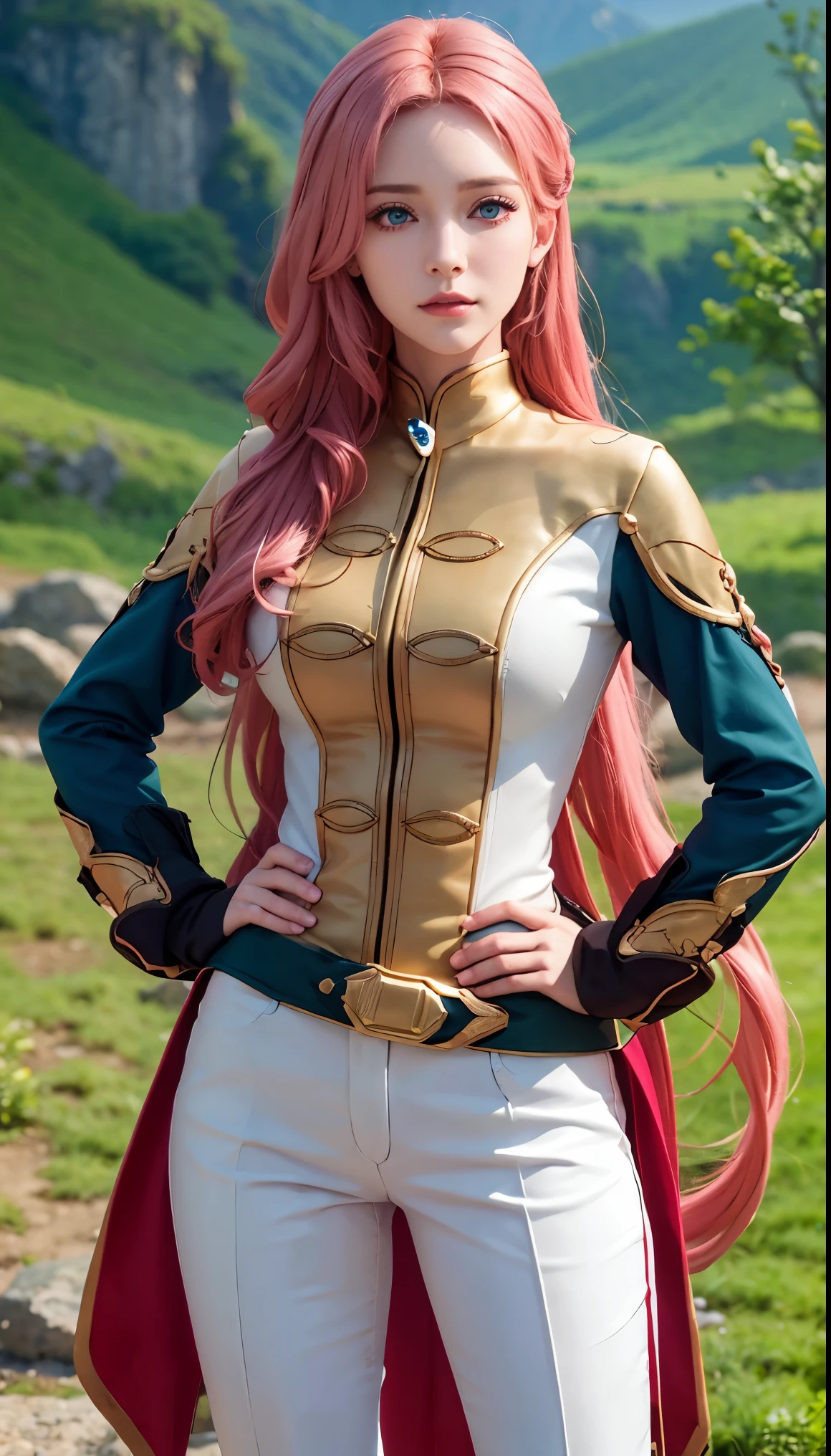 photorealistic, (4k), depth of field, (Masterpiece), (realistic skin texture), extremely detailed, intricate, hyper detailed, professional photography, bokeh, high resolution, sharp detail, best quality, woman, long hair, pink hair, blue eyes, teal and gold military uniform, white pants, white pelt, dynamic pose, (standing with hands on hips),   outdoors, mountain, rocky hills, stones, mountainous horizon,