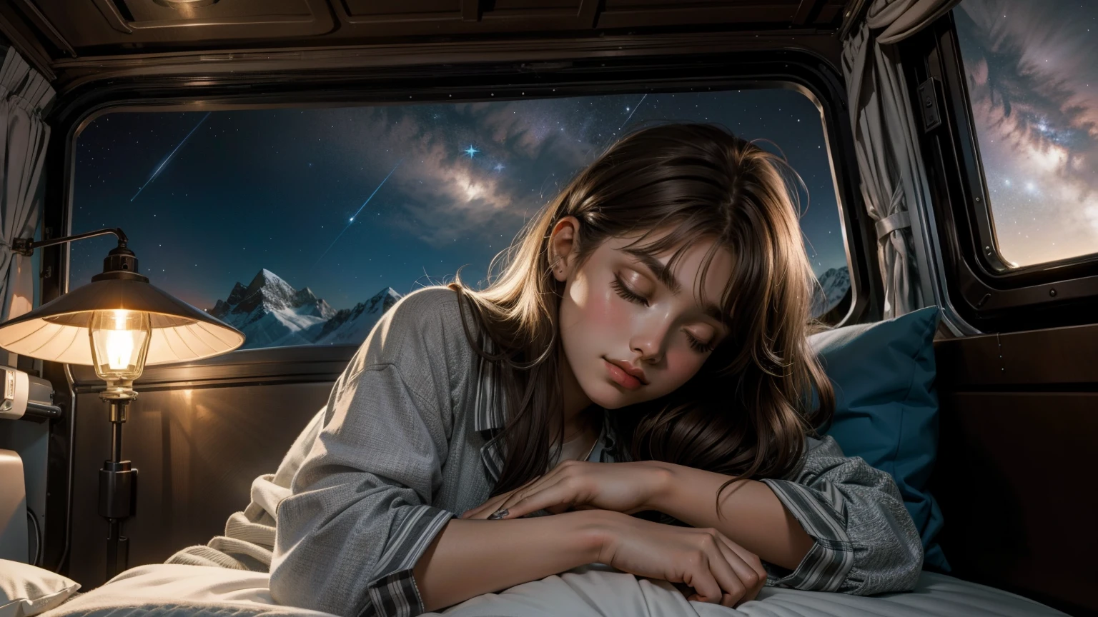 Sleeping teenage girl lying down posing inside a caravan truck next to the caravan truck door, put your head on the pillow, dark night sky in mountain cave, turn of light, lighting the lamp, 22 years ago, surreal, She wears pajamas, brown hair. perfect hands and perfect fingers. Perfect details of caravan truck