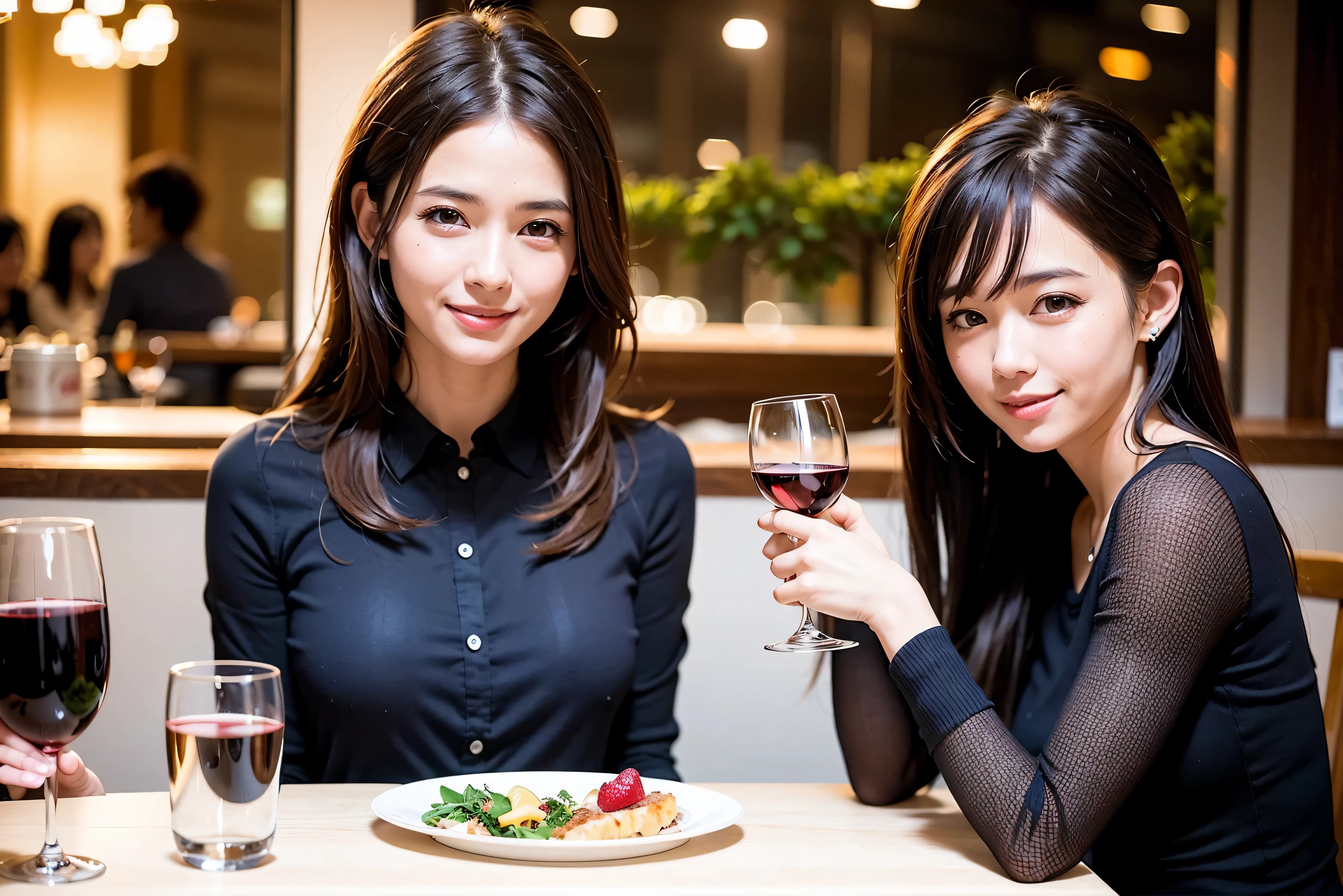 64k, UHD, highest quality, masterpiece: 1.2), (realistic, photorealistic: 1.37),5-people、やわらかなsmile、gentle expression、 Super detailed, celebration party、beauty、charm、beautiful mature woman、3 women who love wine、three men、Kobe、Yokohama、champagne、Sparkling wine、winter night、restaurantでワイン宴会、(slimな男女4名),(Wine party for 5 people)、(slimフェイス),Happy、 最高なsmile、Fox Face、Berry Short、(because I'thin), (brown hair), (shortcut), long sleeve shirt、winter fashion、Colombia、Brazilian、Japanese、Dutch、German、Portuguese、Belgian、Italian、french, (gushing), (slimボティ), (brown hair), (shortcut), 端正なbeauty、cheeks blush a little, (41 years old), 38 years old, 35 years old、32 years old、 A beautiful and detailed night view spreads out outside the window........., restaurant, wine glassが座っている, At night, in a prominent place (from the Upper body) nova frog style, actress, model, Upper body, White wine, slim, wine glass, very beautiful night view, wine glass Put in the Middle, Happy smile, (smile: 1.15),