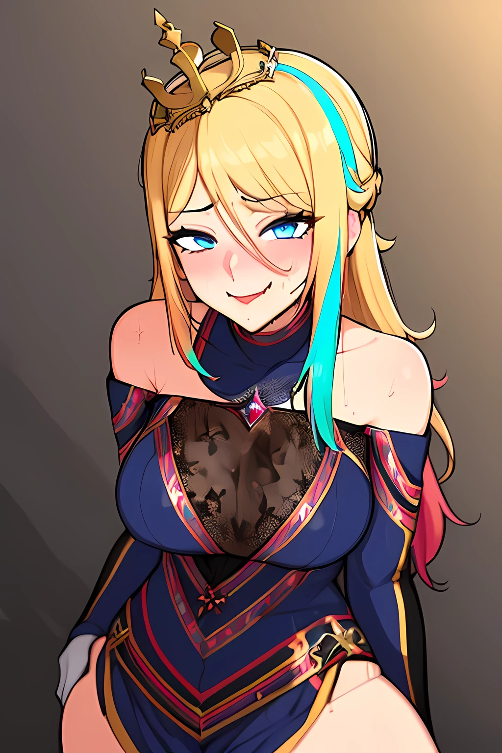 ((masterpiece,best quality)), 1girl, 28 years old, absurdres, blonde hair, blue eyes, long hair, crown, gem, gloves, bare shoulder, solo, smiling, looking at viewer, smug face, teasing, cowboy shot, (sexy outfit:1.7), (colorful theme:1.1), multicolored, 
