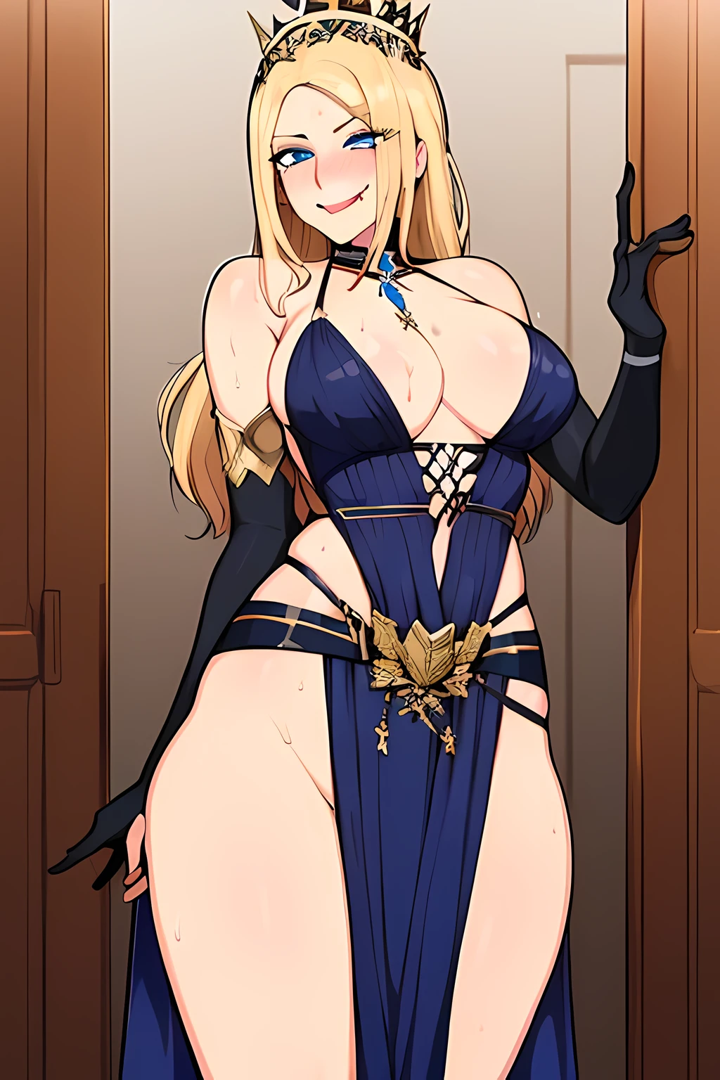 ((masterpiece,best quality)), 1girl, 28 years old, absurdres, blonde hair, blue eyes, long hair, crown, gem, gloves, bare shoulder, solo, smiling, looking at viewer, smug face, teasing, cowboy shot, (sexy outfit:1.7), (indigo theme:1.1)
