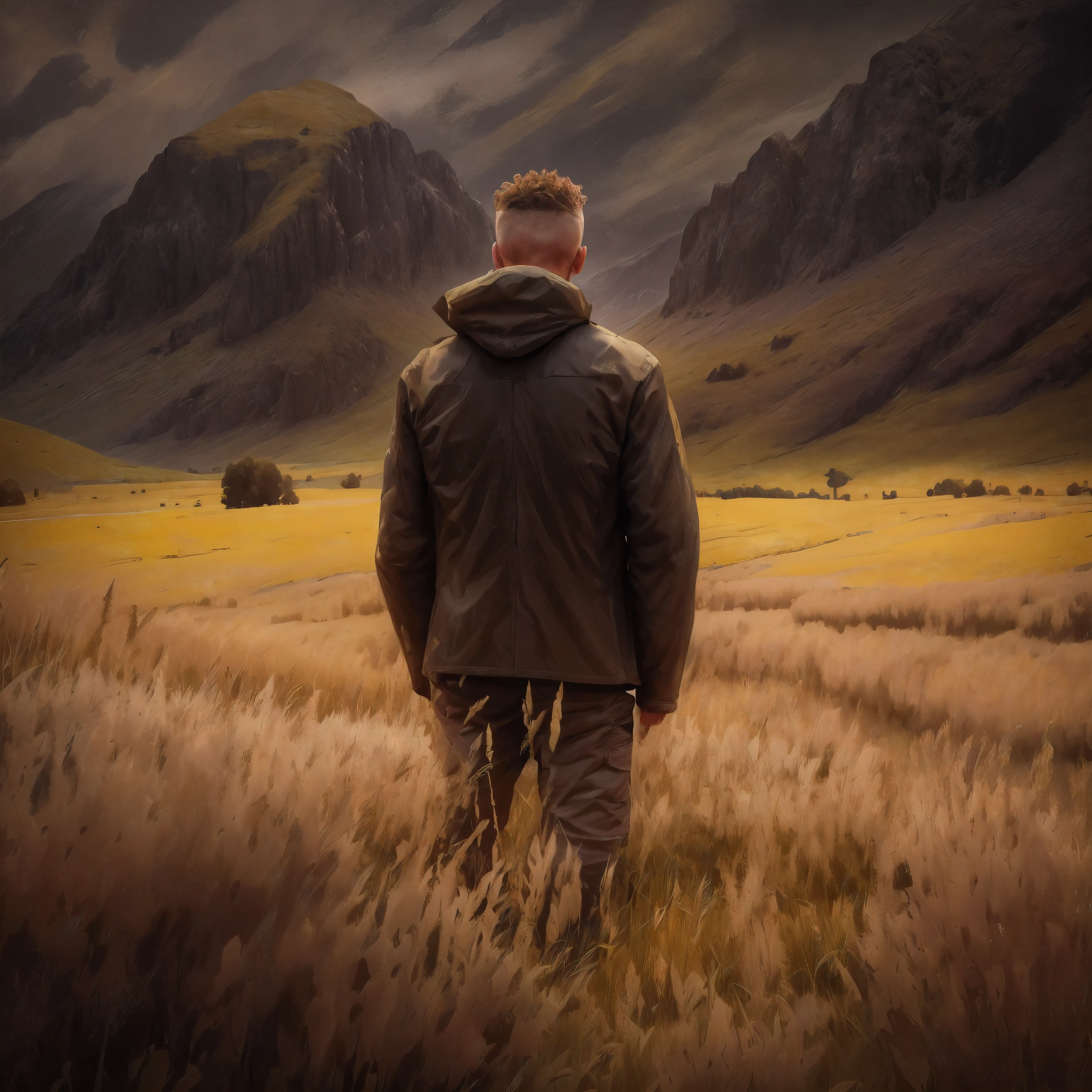 arafed man standing in a field looking at a mountain range, standing in a field, standing in a barren field, standing alone in grassy field, standing in grassy field, standing in a grassy field, looking at the mountains, standing in tall grass, in the middle of a field, in a field, standing in front of a mountain, looking out