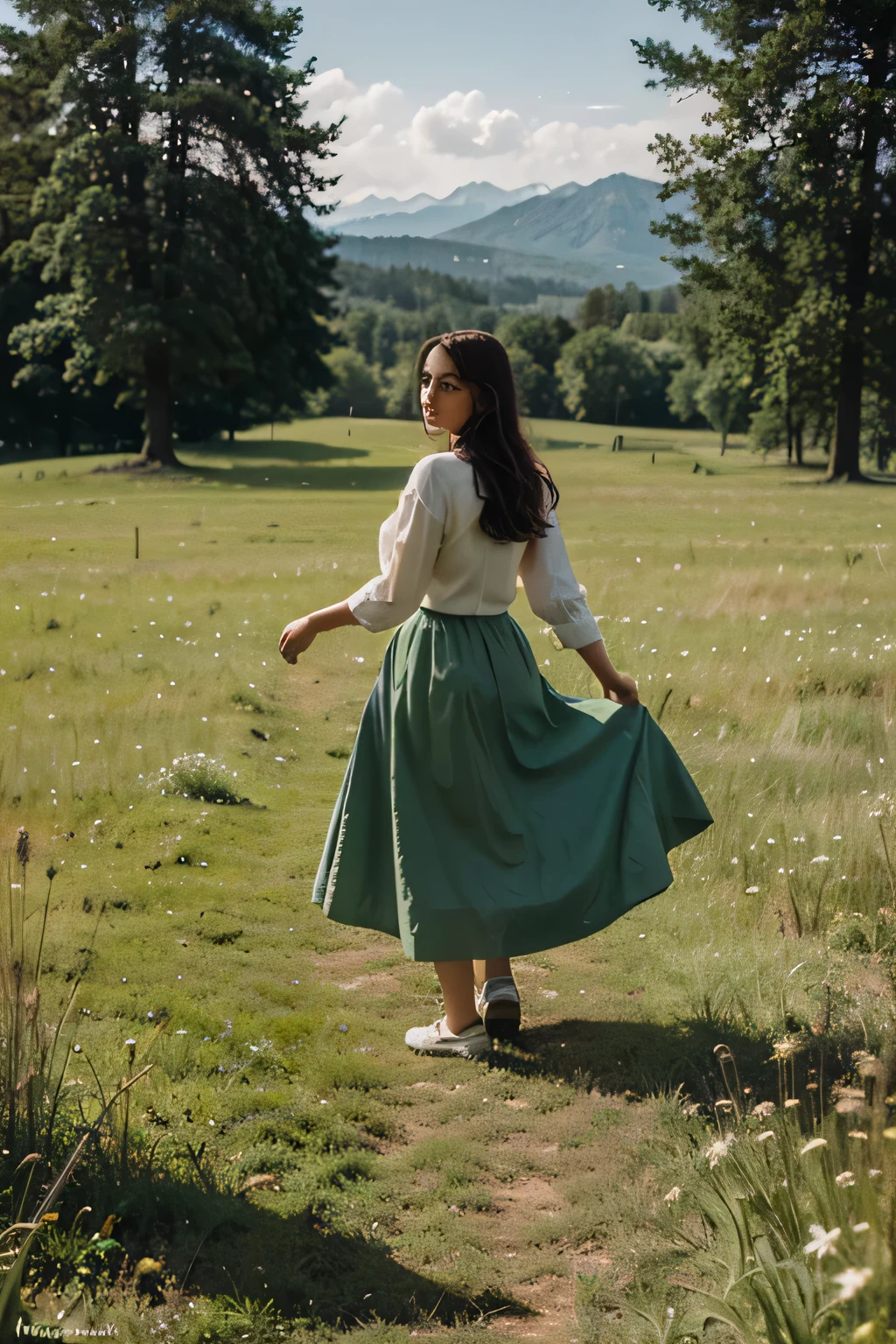In a green meadow stands a girl leading a group of knights. BREAK With a brave expression, she guides them towards their destination. BREAK Behind her, a green forest stretches out and beyond that, mountains rise in the distance. BREAK The most suitable effect for this scene would be a watercolor painting technique to capture the softness of the meadow and the fluidity of the movement.