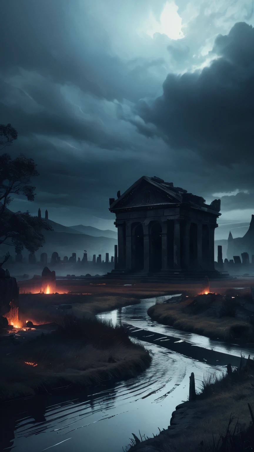 (best quality, highres, HDR), dark blue sky, ancient tomb, flowing river of blood, scattered corpses, not a realistic illustration, eerie atmosphere, haunting, macabre, gothic, mysterious, hauntingly beautiful, detailed ruins, dramatic lighting, ethereal, otherworldly, vibrant colors, supernatural, blood-red hues, haunting reflections, twisted statues, ominous clouds, foreboding presence, mystical ambiance