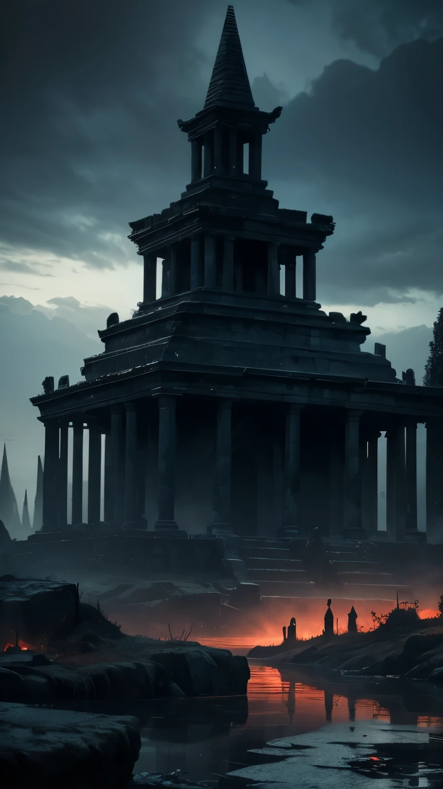 (best quality, highres, HDR), dark blue sky, ancient tomb, flowing river of blood, scattered corpses, not a realistic illustration, eerie atmosphere, haunting, macabre, gothic, mysterious, hauntingly beautiful, detailed ruins, dramatic lighting, ethereal, otherworldly, vibrant colors, supernatural, blood-red hues, haunting reflections, twisted statues, ominous clouds, foreboding presence, mystical ambiance