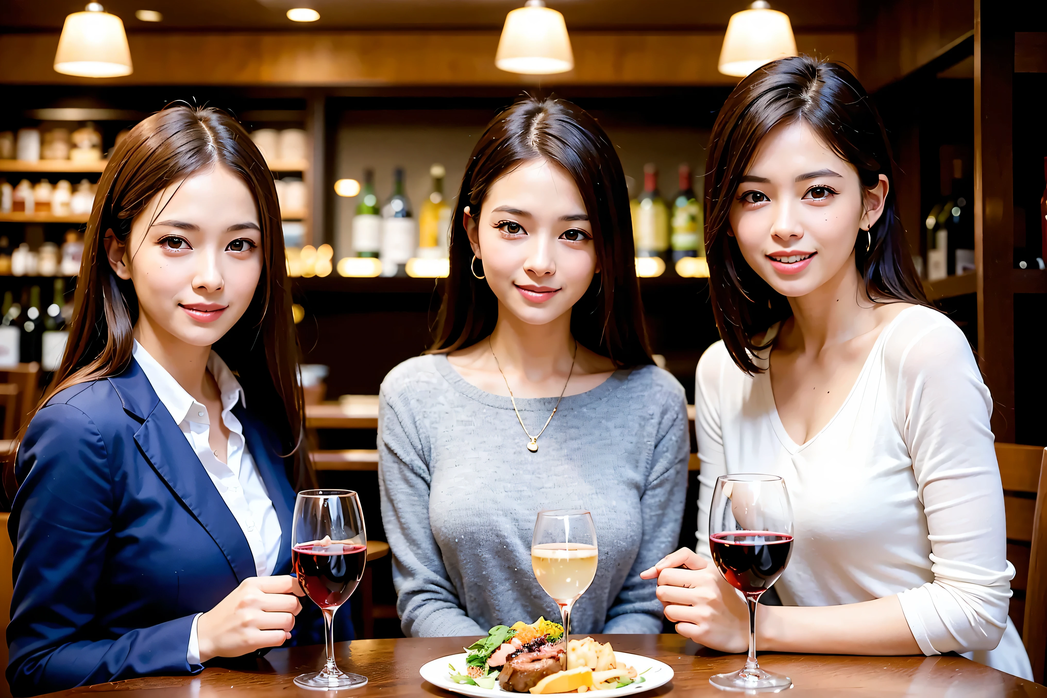 64k, UHD, highest quality, masterpiece: 1.2), (realistic, photorealistic: 1.37),5-people、やわらかなsmile、gentle expression、 Super detailed, celebration party、beauty、charm、beautiful mature woman、3 women who love wine、three men、Kobe、Yokohama、champagne、Sparkling wine、winter night、restaurantでワイン宴会、(slimな男女4名),(Wine party for 5 people)、(slimフェイス),Happy、 最高なsmile、Fox Face、Berry Short、(because I'thin), (brown hair), (shortcut), long sleeve shirt、winter fashion、Colombia、Brazilian、Japanese、Dutch、German、Portuguese、Belgian、Italian、french, (gushing), (slimボティ), (brown hair), (shortcut), 端正なbeauty、cheeks blush a little, (41 years old), 38 years old, 35 years old、32 years old、 A beautiful and detailed night view spreads out outside the window........., restaurant, wine glassが座っている, At night, in a prominent place (from the Upper body) nova frog style, actress, model, Upper body, White wine, slim, wine glass, very beautiful night view, wine glass Put in the Middle, Happy smile, (smile: 1.15),