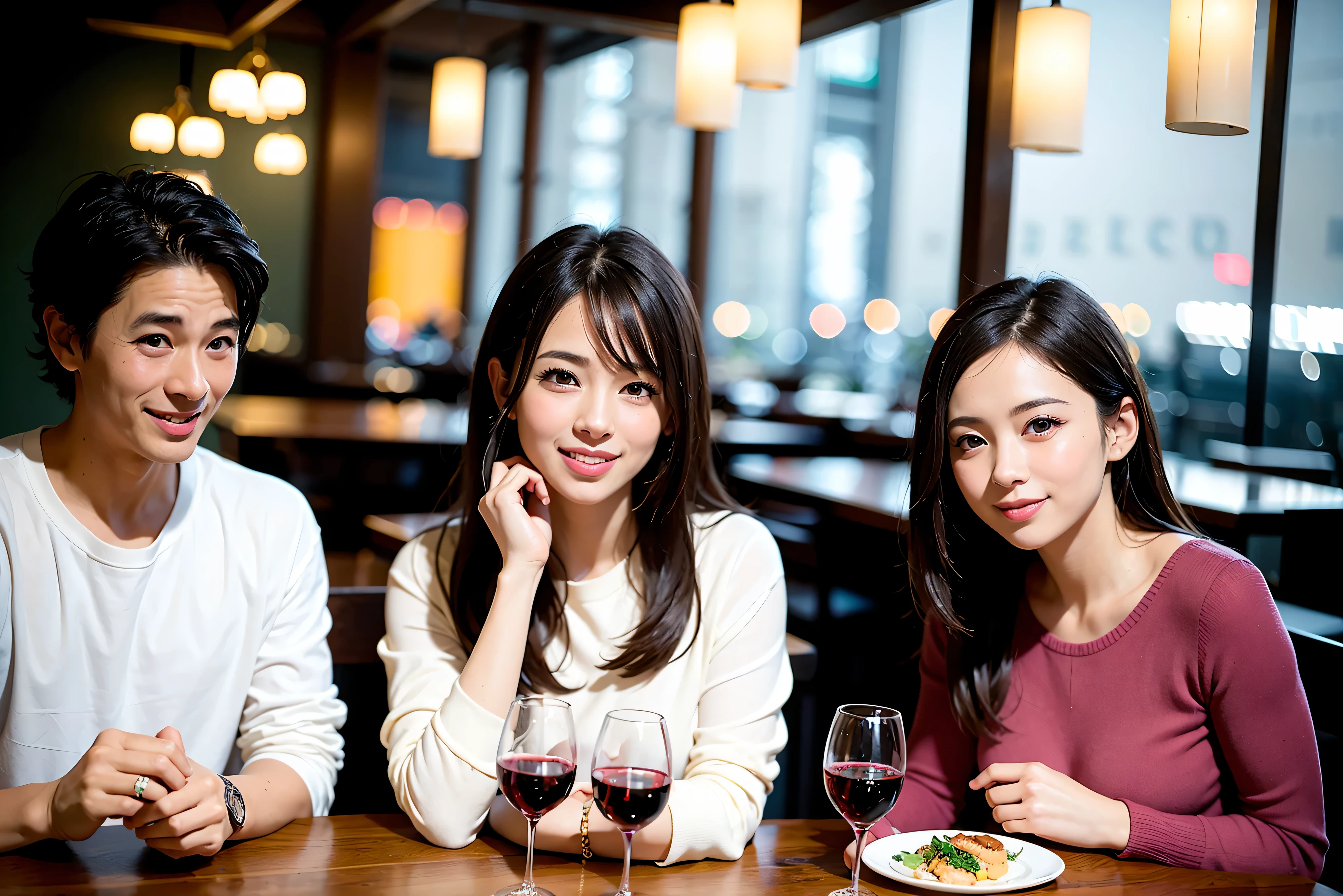 64k, UHD, highest quality, masterpiece: 1.2), (realistic, photorealistic: 1.37),5-people、やわらかなsmile、gentle expression、 Super detailed, celebration party、beauty、charm、beautiful mature woman、3 women who love wine、three men、Kobe、Yokohama、champagne、Sparkling wine、winter night、restaurantでワイン宴会、(slimな男女4名),(Wine party for 5 people)、(slimフェイス),Happy、 最高なsmile、Fox Face、Berry Short、(because I'thin), (brown hair), (shortcut), long sleeve shirt、winter fashion、Colombia、Brazilian、Japanese、Dutch、German、Portuguese、Belgian、Italian、french, (gushing), (slimボティ), (brown hair), (shortcut), 端正なbeauty、cheeks blush a little, (41 years old), 38 years old, 35 years old、32 years old、 A beautiful and detailed night view spreads out outside the window........., restaurant, wine glassが座っている, At night, in a prominent place (from the Upper body) nova frog style, actress, model, Upper body, White wine, slim, wine glass, very beautiful night view, wine glass Put in the Middle, Happy smile, (smile: 1.15),