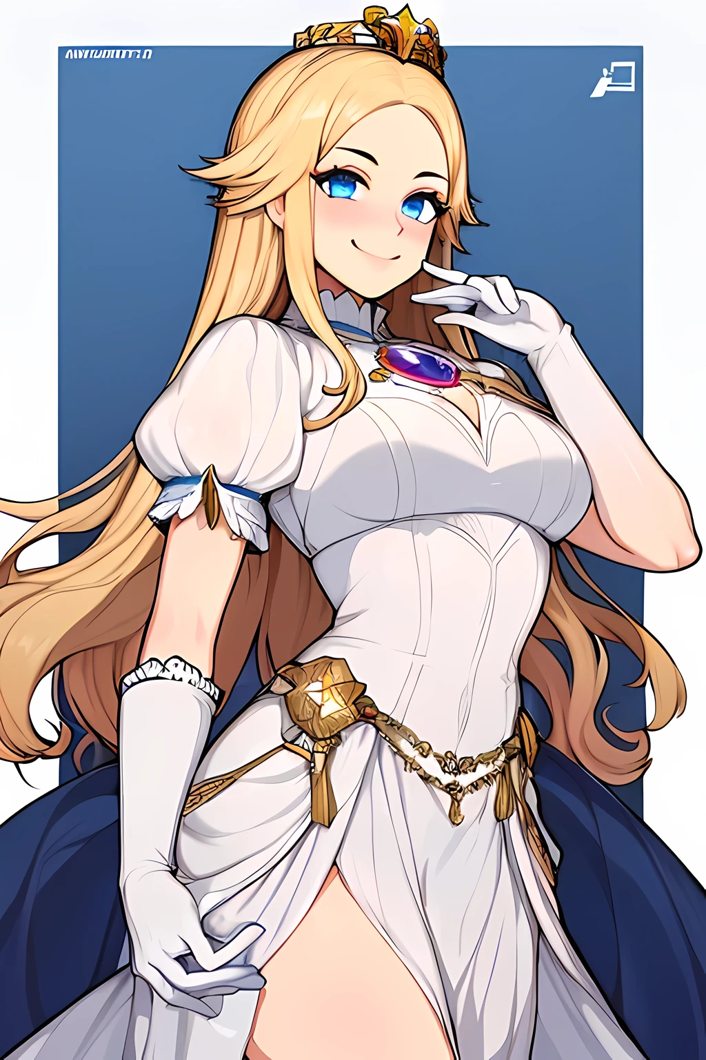 ((masterpiece,best quality)), absurdres, blonde hair, blue eyes, long hair, crown, gem, gloves, puffy sleeves, short sleeves, white gloves, solo, smiling, looking at viewer, cowboy shot, sexy outfit