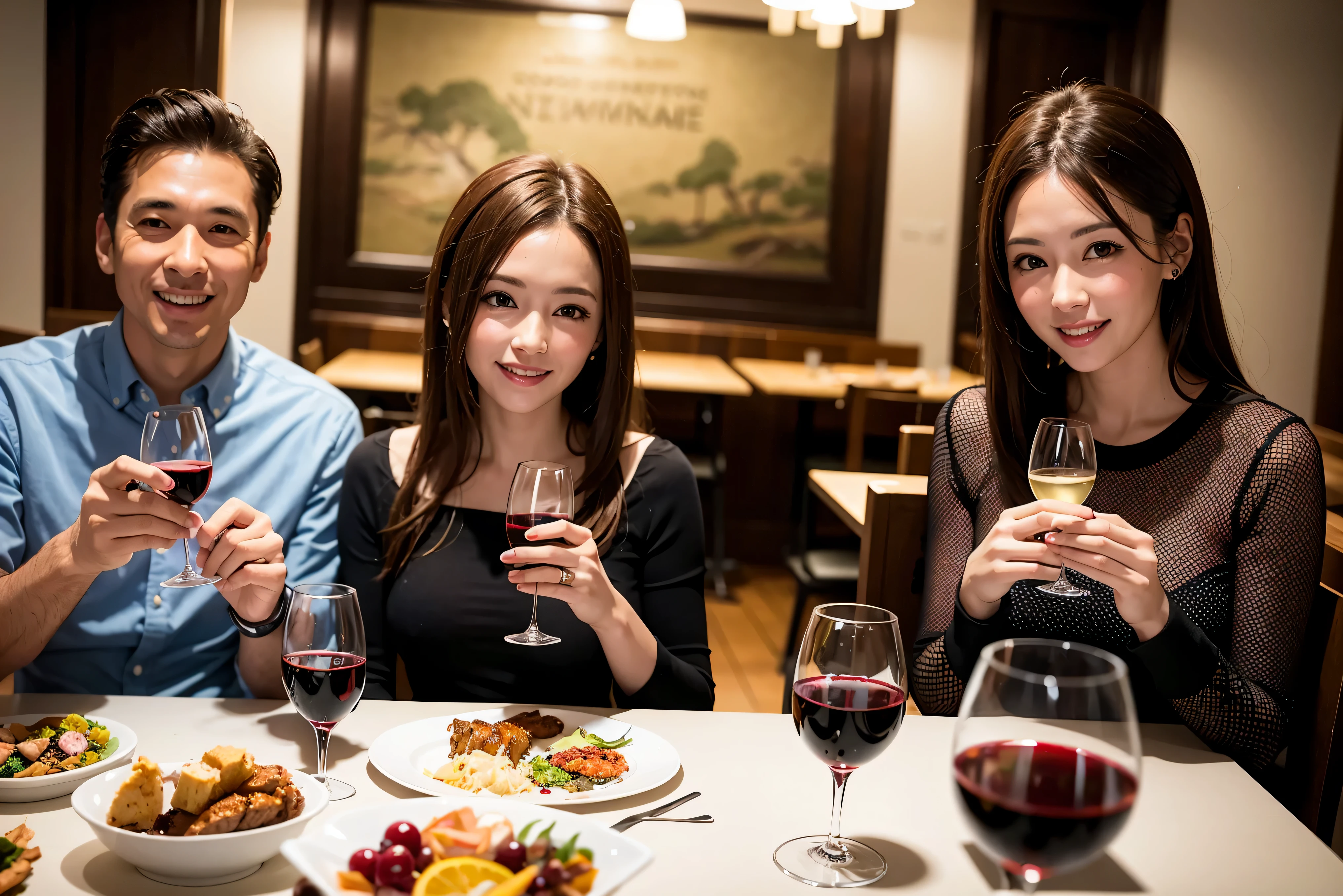 64k, UHD, highest quality, masterpiece: 1.2), (realistic, photorealistic: 1.37),5-people、やわらかなsmile、gentle expression、 Super detailed, celebration party、beauty、charm、beautiful mature woman、3 women who love wine、three men、Kobe、Yokohama、champagne、Sparkling wine、winter night、restaurantでワイン宴会、(slimな男女4名),(Wine party for 5 people)、(slimフェイス),Happy、 最高なsmile、Fox Face、Berry Short、(because I&#39;thin), (brown hair), (shortcut), long sleeve shirt、winter fashion、Colombia、Brazilian、Japanese、Dutch、German、Portuguese、Belgian、Italian、french, (gushing), (slimボティ), (brown hair), (shortcut), 端正なbeauty、cheeks blush a little, (41 years old), 38 years old, 35 years old、32 years old、 A beautiful and detailed night view spreads out outside the window........., restaurant, wine glassが座っている, At night, in a prominent place (from the Upper body) nova frog style, actress, model, Upper body, White wine, slim, wine glass, very beautiful night view, wine glass Put in the Middle, Happy smile, (smile: 1.15),