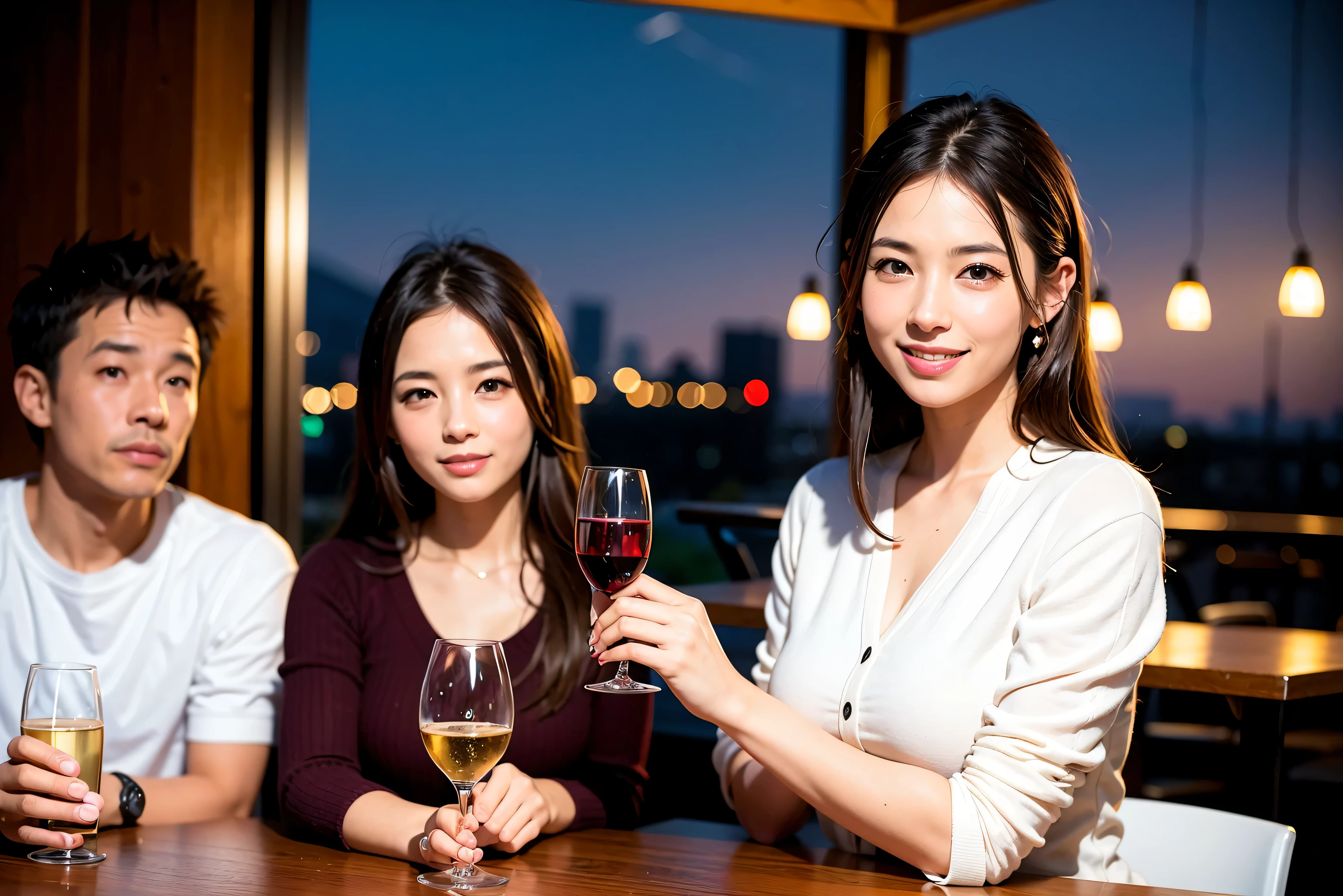 64k, UHD, highest quality, masterpiece: 1.2), (realistic, photorealistic: 1.37),5-people、やわらかなsmile、gentle expression、 Super detailed, celebration party、beauty、charm、beautiful mature woman、3 women who love wine、three men、Kobe、Yokohama、champagne、Sparkling wine、winter night、restaurantでワイン宴会、(slimな男女4名),(Wine party for 5 people)、(slimフェイス),Happy、 最高なsmile、Fox Face、Berry Short、(because I'thin), (brown hair), (shortcut), long sleeve shirt、winter fashion、Colombia、Brazilian、Japanese、Dutch、German、Portuguese、Belgian、Italian、french, (gushing), (slimボティ), (brown hair), (shortcut), 端正なbeauty、cheeks blush a little, (41 years old), 38 years old, 35 years old、32 years old、 A beautiful and detailed night view spreads out outside the window........., restaurant, wine glassが座っている, At night, in a prominent place (from the Upper body) nova frog style, actress, model, Upper body, White wine, slim, wine glass, very beautiful night view, wine glass Put in the Middle, Happy smile, (smile: 1.15),