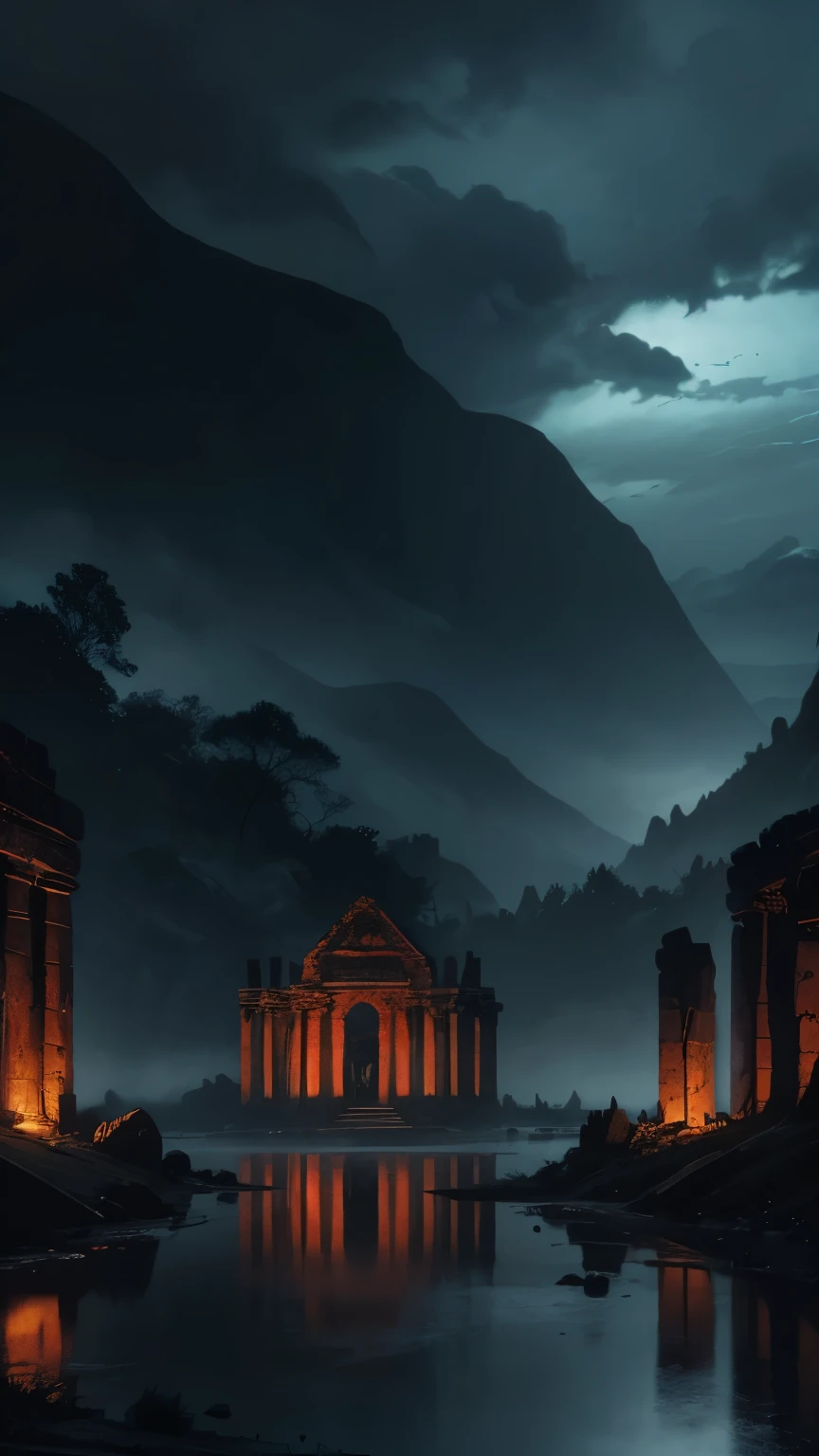 (best quality, highres, HDR), dark blue sky, ancient tomb, flowing river of blood, scattered corpses, not a realistic illustration, eerie atmosphere, haunting, macabre, gothic, mysterious, hauntingly beautiful, detailed ruins, dramatic lighting, ethereal, otherworldly, vibrant colors, supernatural, blood-red hues, haunting reflections, twisted statues, ominous clouds, foreboding presence, mystical ambiance