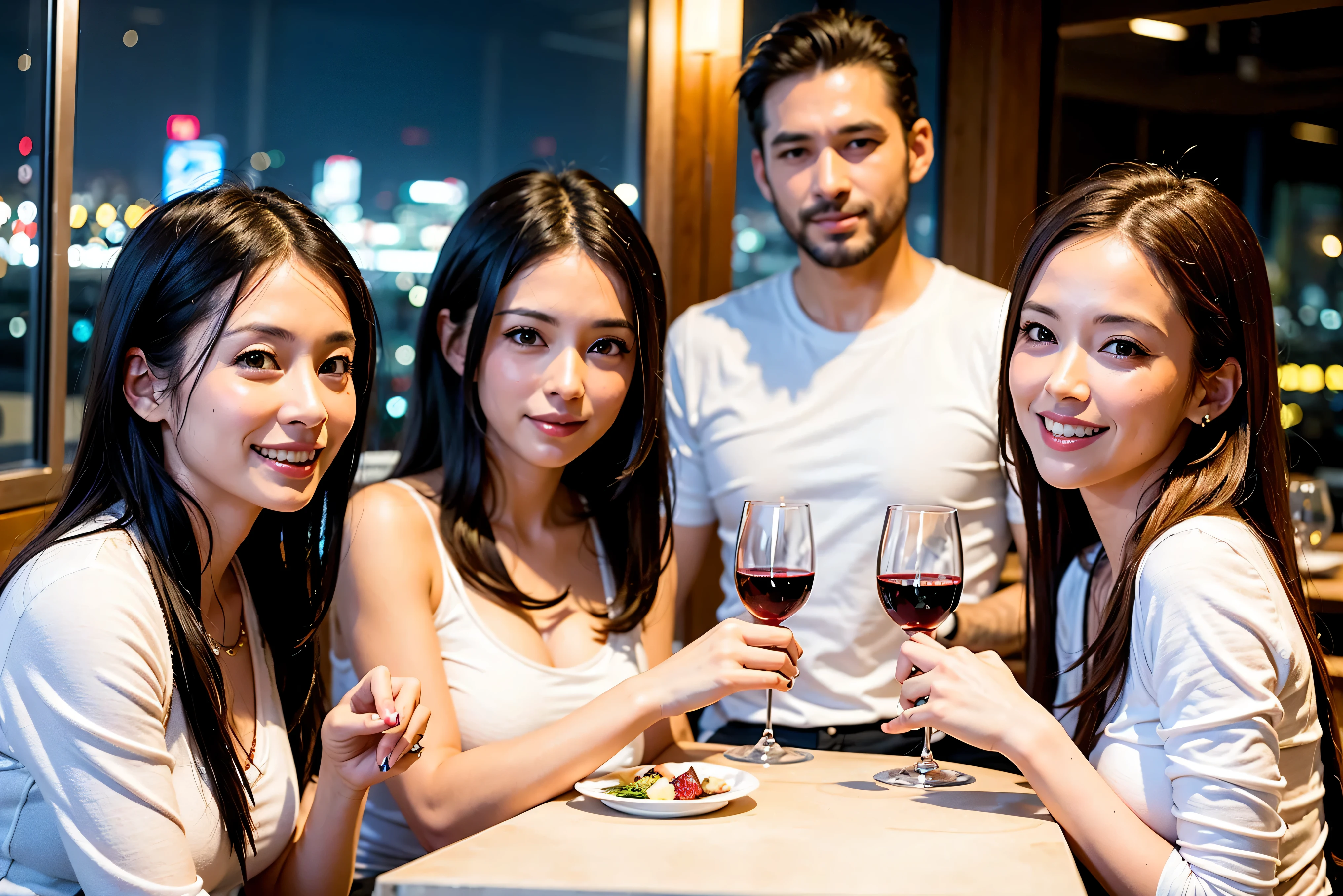 64k, UHD, highest quality, masterpiece: 1.2), (realistic, photorealistic: 1.37),5-people、やわらかなsmile、gentle expression、 Super detailed, celebration party、beauty、charm、beautiful mature woman、3 women who love wine、three men、Kobe、Yokohama、champagne、Sparkling wine、winter night、restaurantでワイン宴会、(slimな男女4名),(Wine party for 5 people)、(slimフェイス),Happy、 最高なsmile、Fox Face、Berry Short、(because I'thin), (brown hair), (shortcut), long sleeve shirt、winter fashion、Colombia、Brazilian、Japanese、Dutch、German、Portuguese、Belgian、Italian、french, (gushing), (slimボティ), (brown hair), (shortcut), 端正なbeauty、cheeks blush a little, (41 years old), 38 years old, 35 years old、32 years old、 A beautiful and detailed night view spreads out outside the window........., restaurant, wine glassが座っている, At night, in a prominent place (from the Upper body) nova frog style, actress, model, Upper body, White wine, slim, wine glass, very beautiful night view, wine glass Put in the Middle, Happy smile, (smile: 1.15),
