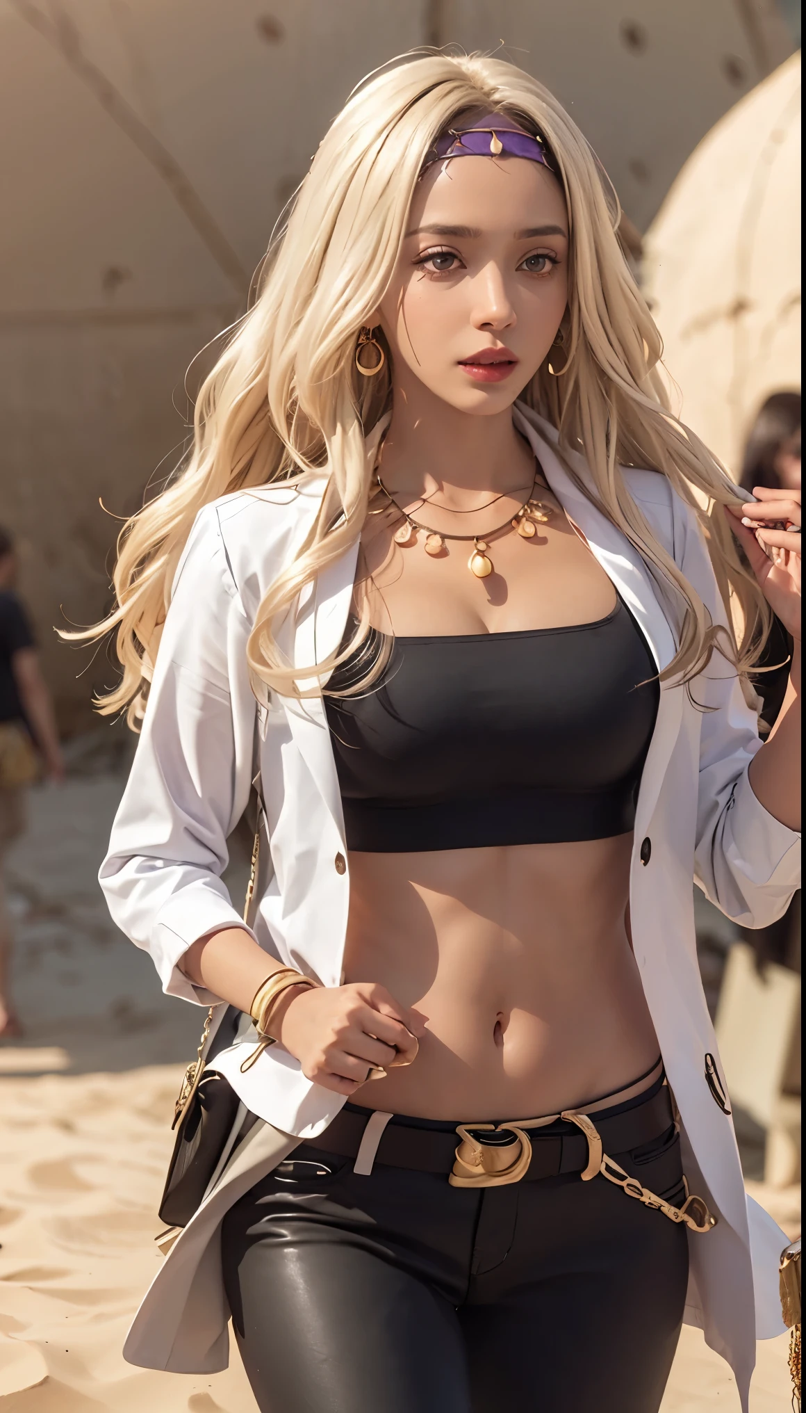 photorealistic, (4k), depth of field, (Masterpiece), (realistic skin texture), extremely detailed, intricate, hyper detailed, professional photography, bokeh, high resolution, sharp detail, best quality, woman, long hair, blonde hair, dark skin, pink eyes, purple headband, open labcoat, top, black pants, navel, necklace, bracelet, earrings, dynamic pose, (fetal position), (desert city), sandstone ruins, (sand dunes:1.5), desert, emptiness, solo,