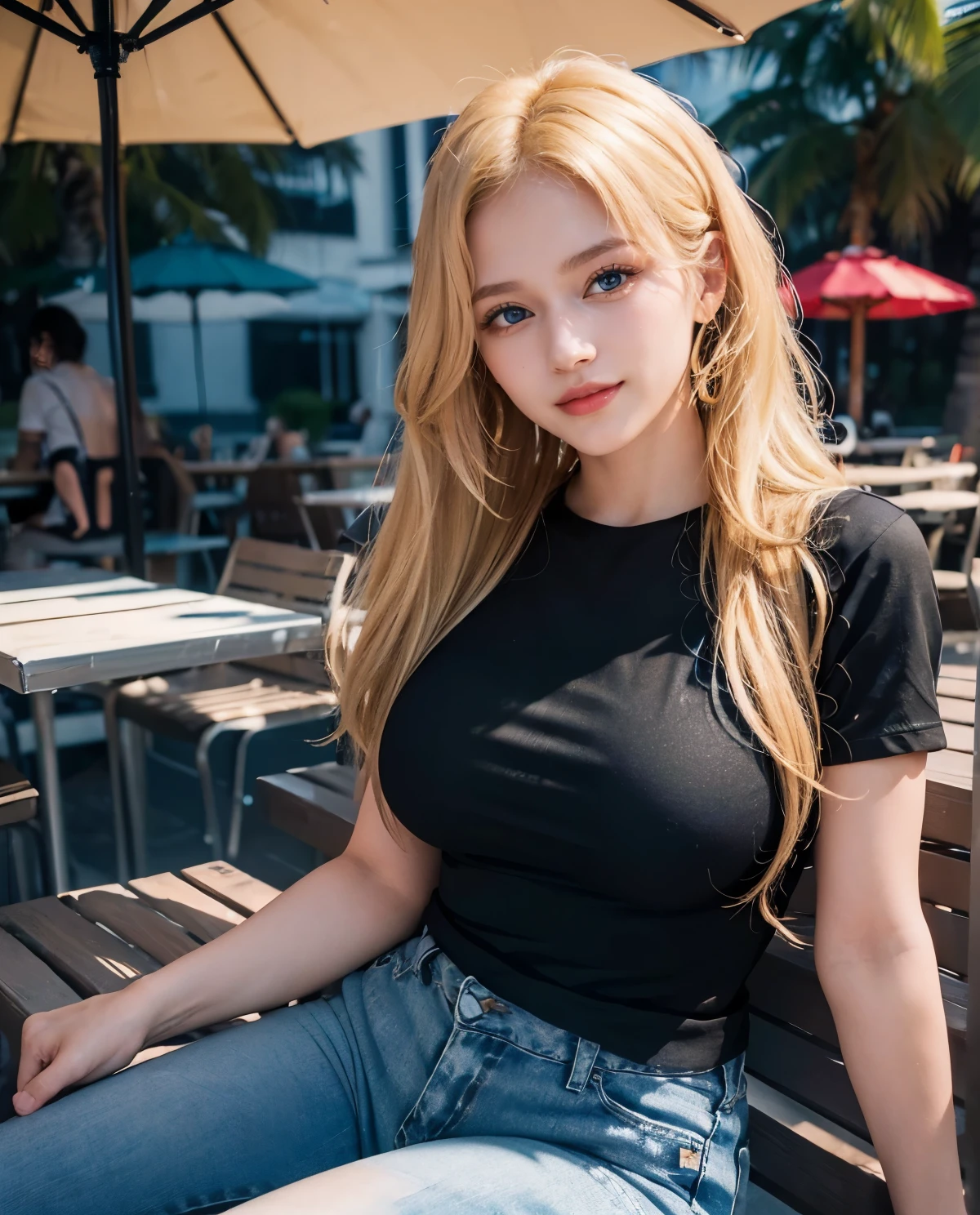 1girl, (Blue Eyes), (smiling :1.2), (Sana Minatozaki), closeup of face :1.3, (wide hips), (Big :1.2), big ass, (Best Quality, 8k, Masterpiece: 1.3), Clear Focus: 1.2, Perfect Body Beauty: 1.4, Highly detailed face and skin texture, detailed eyes, double eyelids, (blonde long hair :1.2), (tight black t-shirt :1.3), (jeans), sitting, in an outdoor bar, on the beach