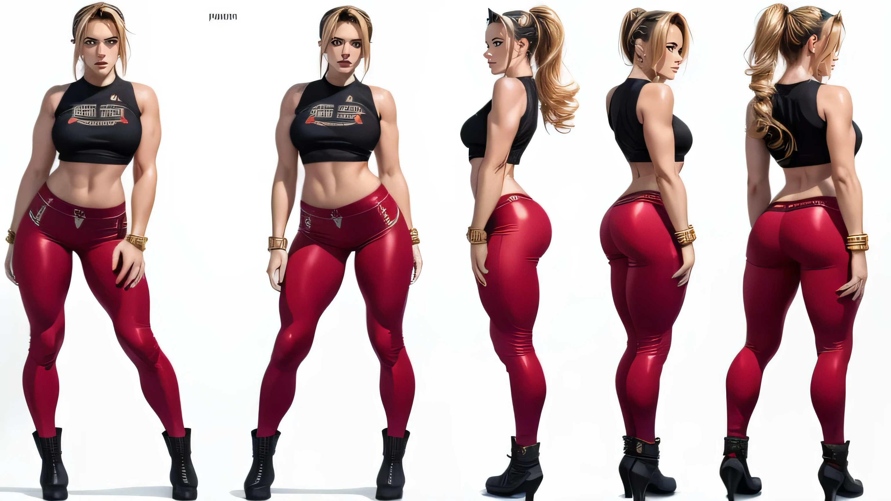 ((character concept art)), tall figure, ((character design sheet, same character, front, side, back)),( Masterpiece, 4k resolution, ultra-realistic, very detailed) Sexy beautiful female superheroine , , ponytail, red crop shirt, with a golden Star, wears a golden tiara on forehead with a red gem in her head , golden bracelets, long red boots, and small red shorts