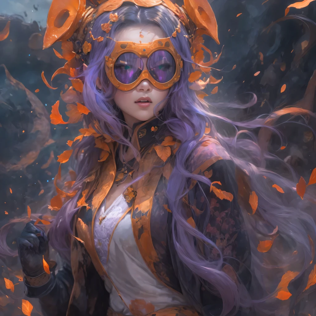 Chapter 3679 The Year of Cyberpunk（masterpiece，HD，超HD，32k lotus root starch）Bright purple flowing hair，autumn pond， lotus root starch color， Asian （Michiko）， （silk scarf）， fighting stance， looking at the colorful balloons， Orange gradient long hair， ((Thick frame reflective jade windproof goggles))Floating bright purple， Fire cloud gold headdress， Chinese long-sleeved gold silk garment， （Abstract ink splash：1.2），mars background，lotus（realistically：1.4），bright purple hair，Smoke on the road，The background is very ivory、pure， high resolution， Detailed wind protection goggles， RAW photos lotus root starch， Sharp Re， Nikon D850 film photo by Jefferies Lee 4 Kodak Portra 400 camera F1.6 guns, rich and colorful, Super real、Vivid texture, dramatic lighting, Unreal Engine Art Station Trend, Silicon Nest 800