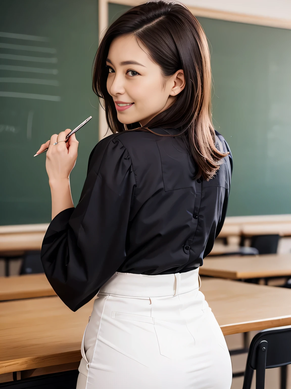 High resolution, High level image quality, high detail, masterpiece, rough skin, anatomically correct, sharp,
classroom background
((japanese mature, 50 years old)), alone, ((facial wrinkles)), good shape big breasts, Straight light brown hair that reaches to the shoulders, Chubby body type,
(((Write it on the blackboard and look back, emphasize the buttocks))), smile and look straight ahead, ,Classy blouse, white skirt,