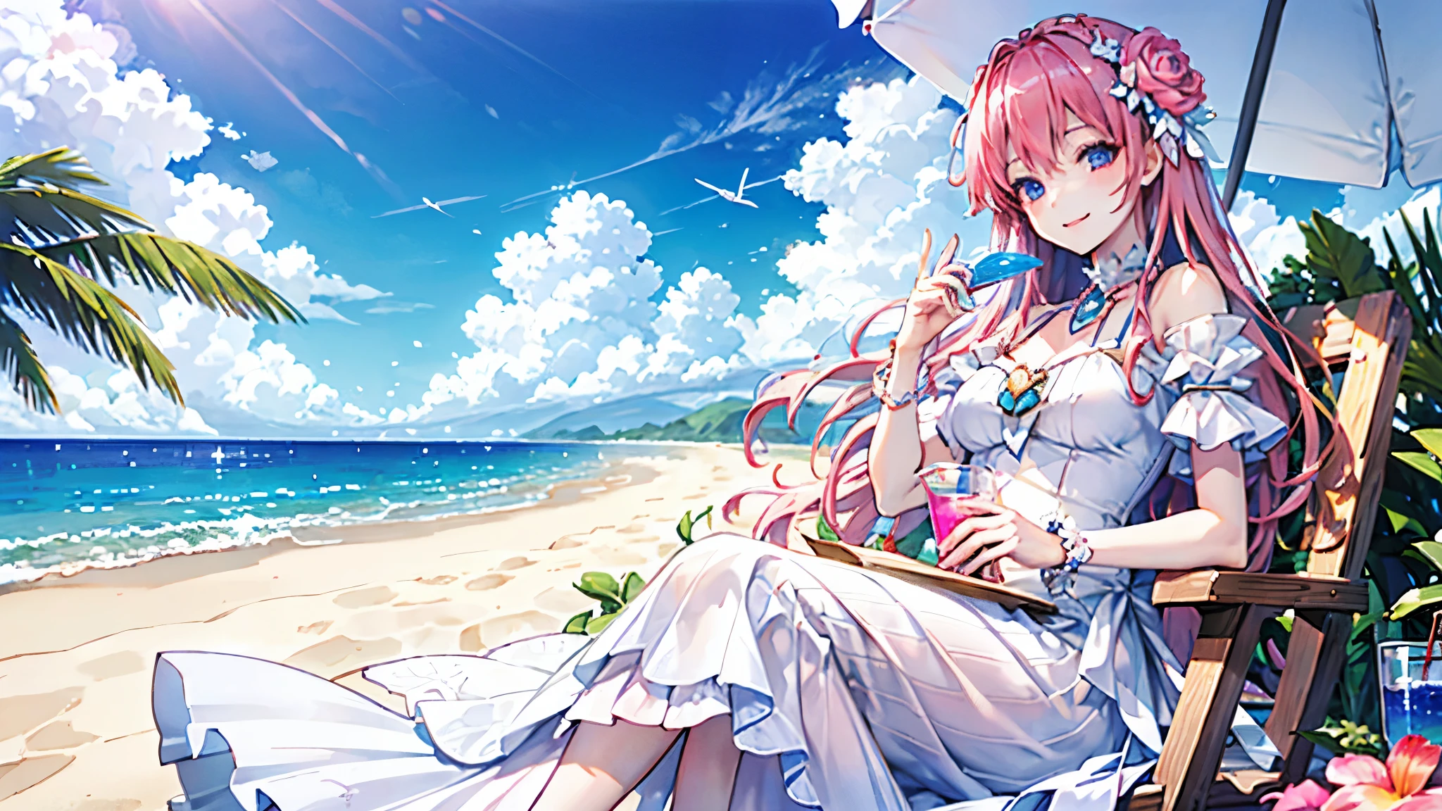 highest quality、Dorothy/(goddess of victory nikke)/、girl、pink hair、long hair、white dress、Ocean、tropical country、Smile、Wearing sunglasses、vacation、under the shade、drinking juice、Beach parasol