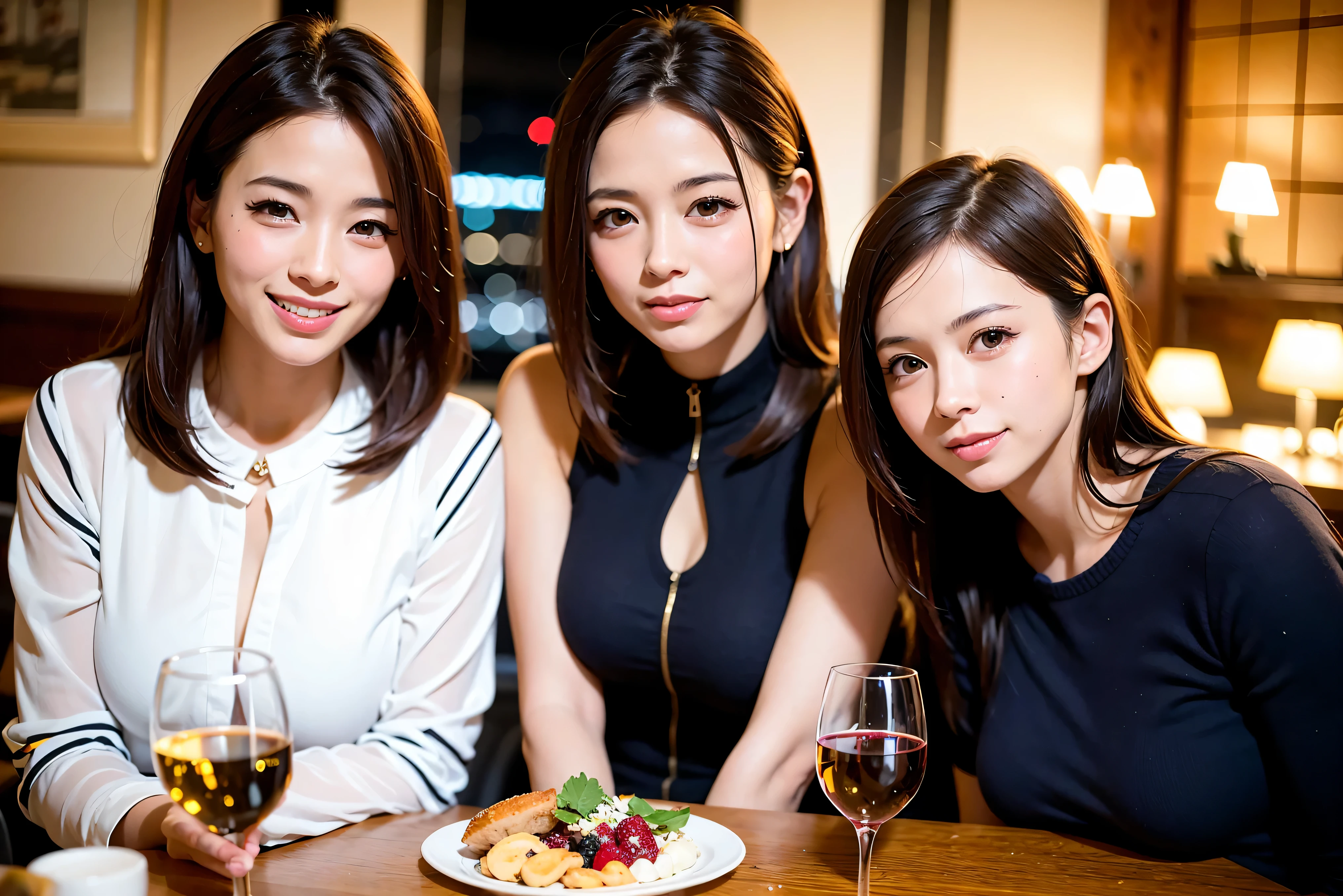 64k, UHD, highest quality, masterpiece: 1.2), (realistic, photorealistic: 1.37),5-people、やわらかなsmile、gentle expression、 Super detailed, celebration party、beauty、charm、beautiful mature woman、3 women who love wine、three men、Kobe、Yokohama、champagne、Sparkling wine、winter night、restaurantでワイン宴会、(slimな男女4名),(Wine party for 5 people)、(slimフェイス),Happy、 最高なsmile、Fox Face、Berry Short、(because I'thin), (brown hair), (shortcut), long sleeve shirt、winter fashion、Colombia、Brazilian、Japanese、Dutch、German、Portuguese、Belgian、Italian、french, (gushing), (slimボティ), (brown hair), (shortcut), 端正なbeauty、cheeks blush a little, (41 years old), 38 years old, 35 years old、32 years old、 A beautiful and detailed night view spreads out outside the window........., restaurant, wine glassが座っている, At night, in a prominent place (from the Upper body) nova frog style, actress, model, Upper body, White wine, slim, wine glass, very beautiful night view, wine glass Put in the Middle, Happy smile, (smile: 1.15),