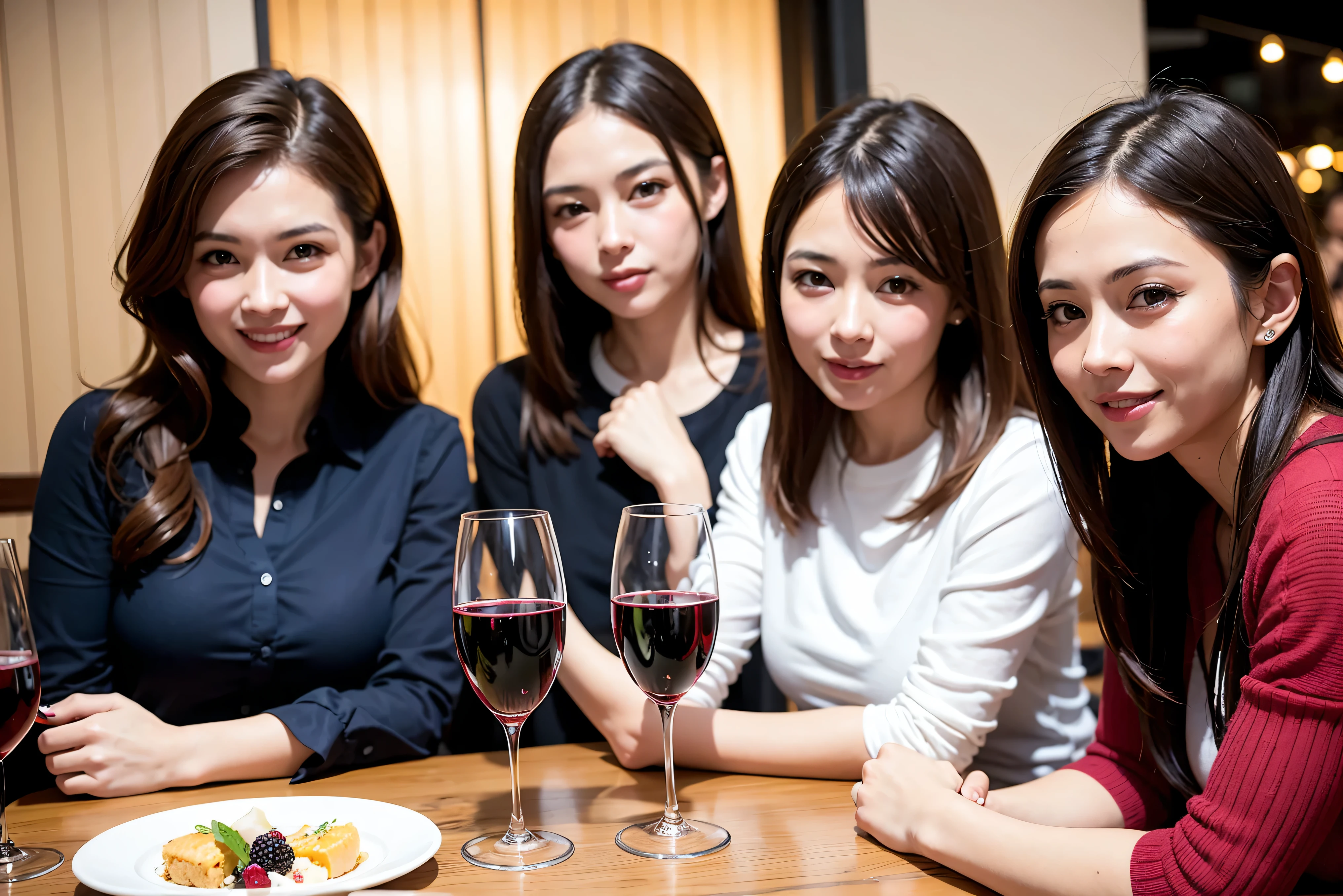 64k, UHD, highest quality, masterpiece: 1.2), (realistic, photorealistic: 1.37),5-people、やわらかなsmile、gentle expression、 Super detailed, celebration party、beauty、charm、beautiful mature woman、3 women who love wine、three men、Kobe、Yokohama、champagne、Sparkling wine、winter night、restaurantでワイン宴会、(slimな男女4名),(Wine party for 5 people)、(slimフェイス),Happy、 最高なsmile、Fox Face、Berry Short、(because I&#39;thin), (brown hair), (shortcut), long sleeve shirt、winter fashion、Colombia、Brazilian、Japanese、Dutch、German、Portuguese、Belgian、Italian、french, (gushing), (slimボティ), (brown hair), (shortcut), 端正なbeauty、cheeks blush a little, (41 years old), 38 years old, 35 years old、32 years old、 A beautiful and detailed night view spreads out outside the window........., restaurant, wine glassが座っている, At night, in a prominent place (from the Upper body) nova frog style, actress, model, Upper body, White wine, slim, wine glass, very beautiful night view, wine glass Put in the Middle, Happy smile, (smile: 1.15),