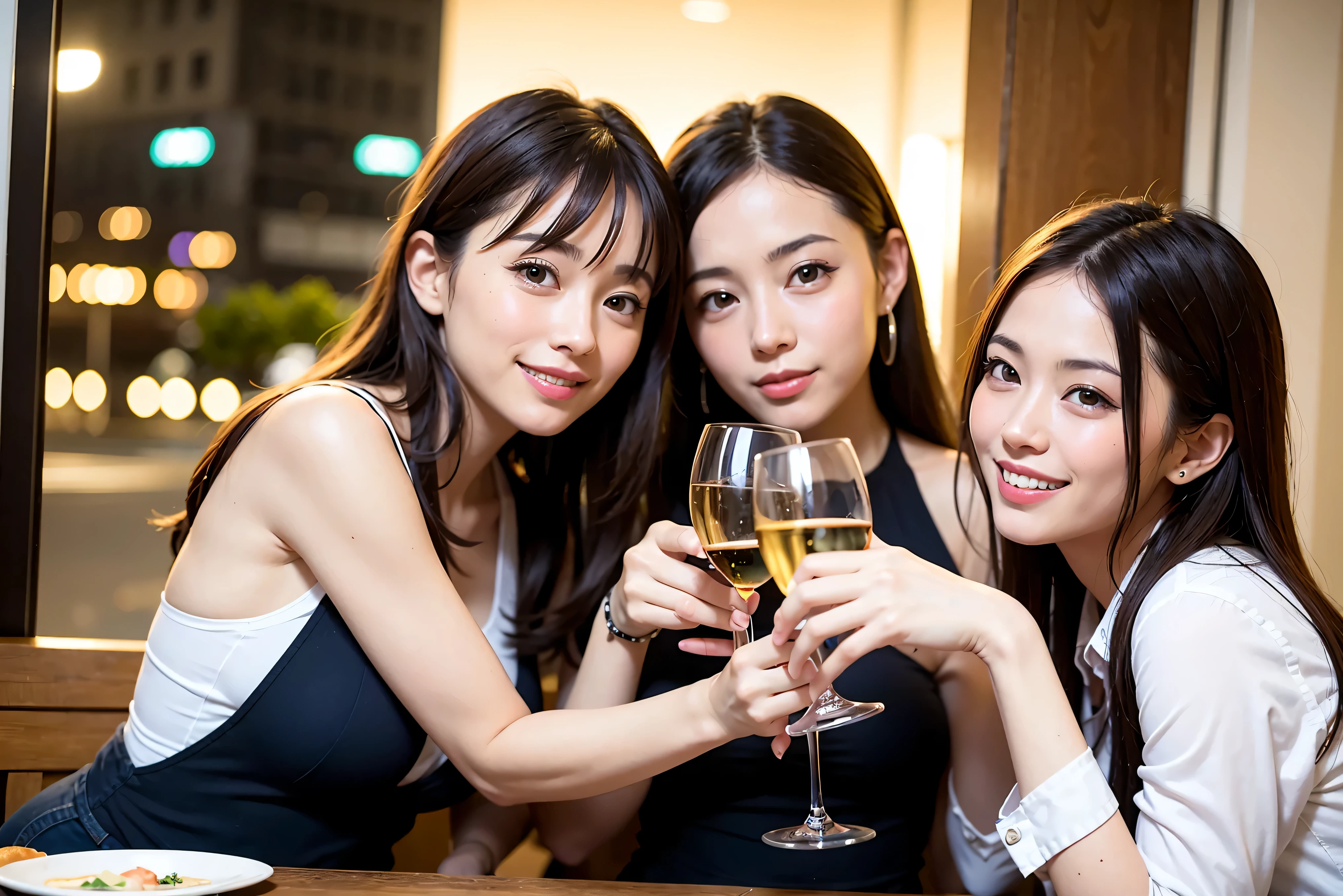 64k, UHD, highest quality, masterpiece: 1.2), (realistic, photorealistic: 1.37),5-people、やわらかなsmile、gentle expression、 Super detailed, celebration party、beauty、charm、beautiful mature woman、3 women who love wine、three men、Kobe、Yokohama、champagne、Sparkling wine、winter night、restaurantでワイン宴会、(slimな男女4名),(Wine party for 5 people)、(slimフェイス),Happy、 最高なsmile、Fox Face、Berry Short、(because I&#39;thin), (brown hair), (shortcut), long sleeve shirt、winter fashion、Colombia、Brazilian、Japanese、Dutch、German、Portuguese、Belgian、Italian、french, (gushing), (slimボティ), (brown hair), (shortcut), 端正なbeauty、cheeks blush a little, (41 years old), 38 years old, 35 years old、32 years old、 A beautiful and detailed night view spreads out outside the window........., restaurant, wine glassが座っている, At night, in a prominent place (from the Upper body) nova frog style, actress, model, Upper body, White wine, slim, wine glass, very beautiful night view, wine glass Put in the Middle, Happy smile, (smile: 1.15),