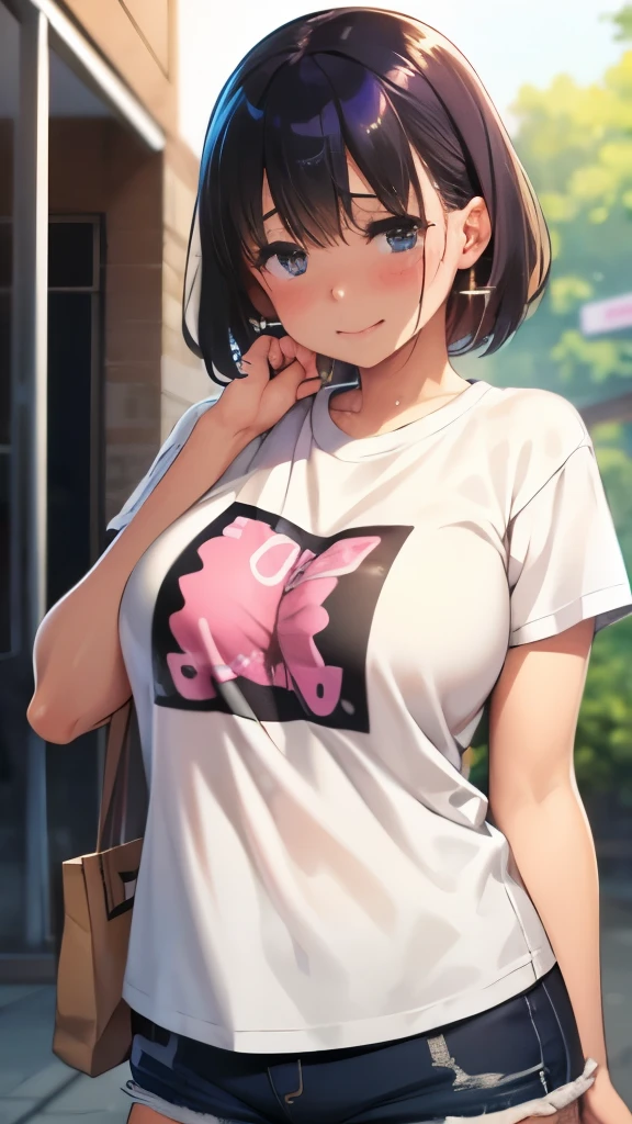 A girl who came to buy condoms、Oversized open T-shirt、shorts、Drug store、detailed background、blush、embarrassed face、(dripping sweat、oil skin,sparkling skin、realistic skin texture、detailed beautiful skin、shiny skin、shiny skin)、店内、レジに並んで、
