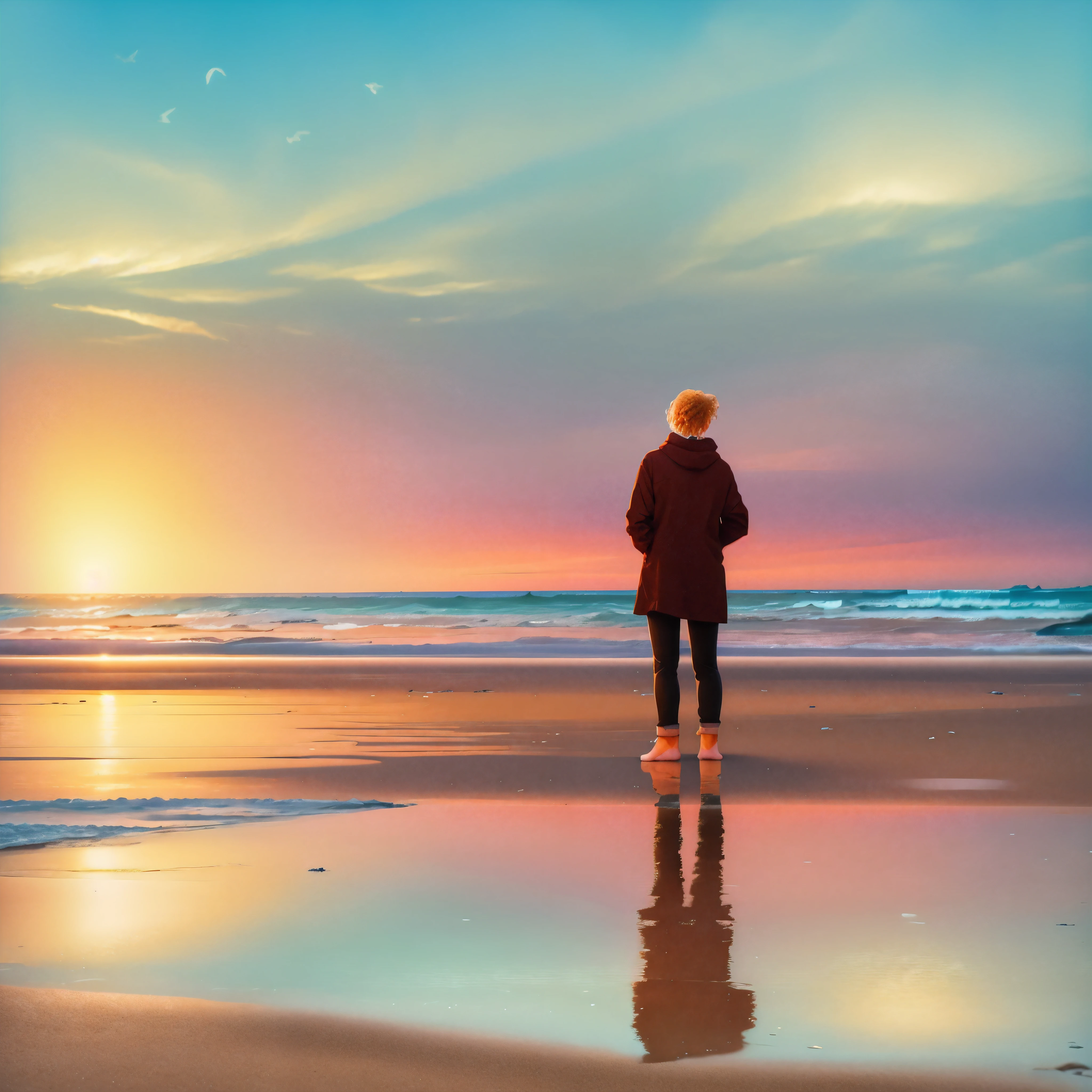 there is a person standing on the beach looking at the water, looking at the ocean, standing beside the ocean, looking out at the ocean, standing on the water ground, standing on a beach, standing next to water, standing at the beach, standing in shallow water, looking out over the sea, gazing at the water, girl looking at the ocean waves