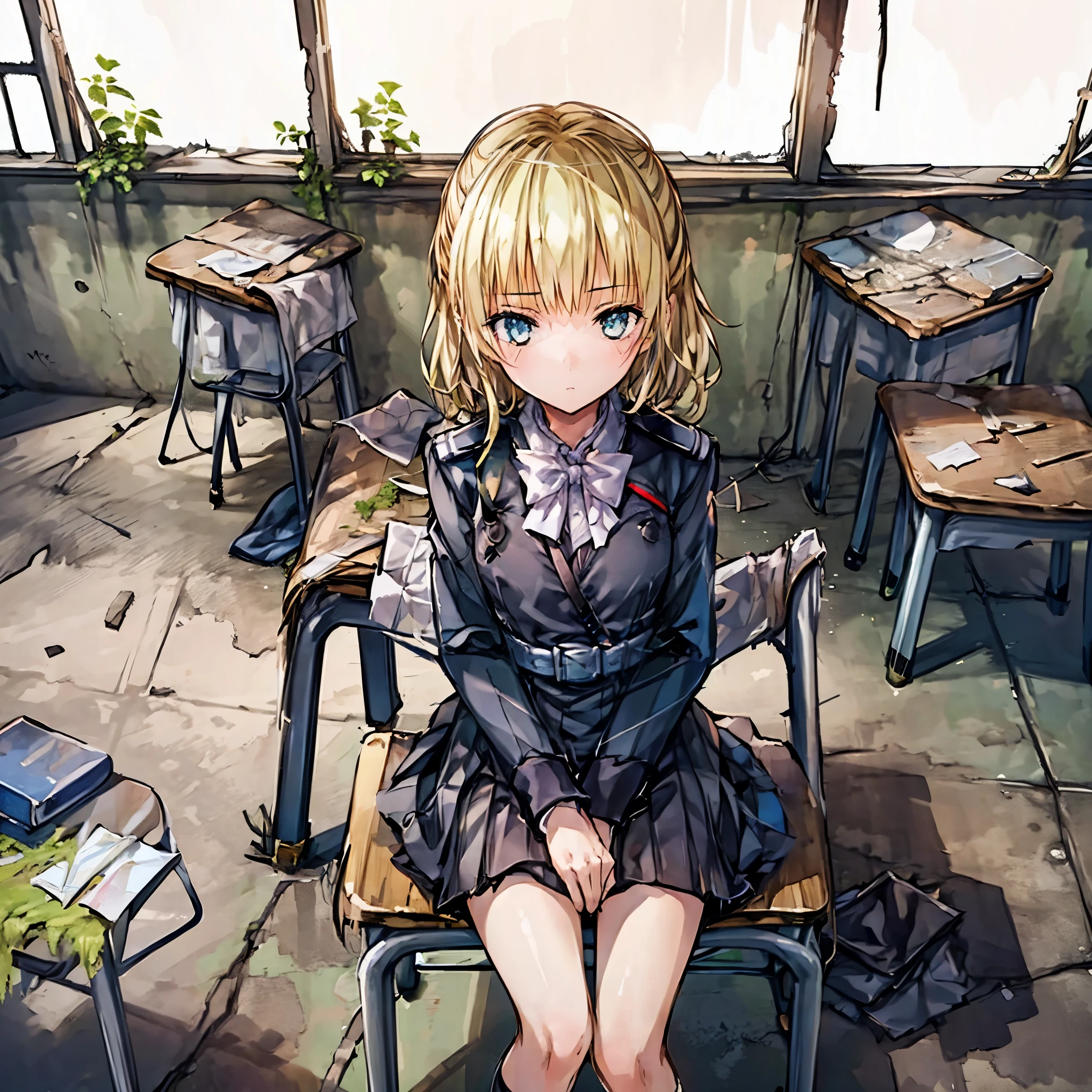 Concept art of a post-apocalyptic world with ruins, overgrown plants, flat chest，((the only girl who survived))，The content is very detailed,Detail view，anime，master piece，dilapidated building right sun，Dilapidated classrooms，Shabby table，Broken chair，open air，(covered with moss and grass)，3、Four&#39;afternoon clock，((Remains))，((A girl is sitting in the classroom and looking into the distance)),side，uniform，twisted braids，vanishing point, prospect, movie lighting，close-up shot shot