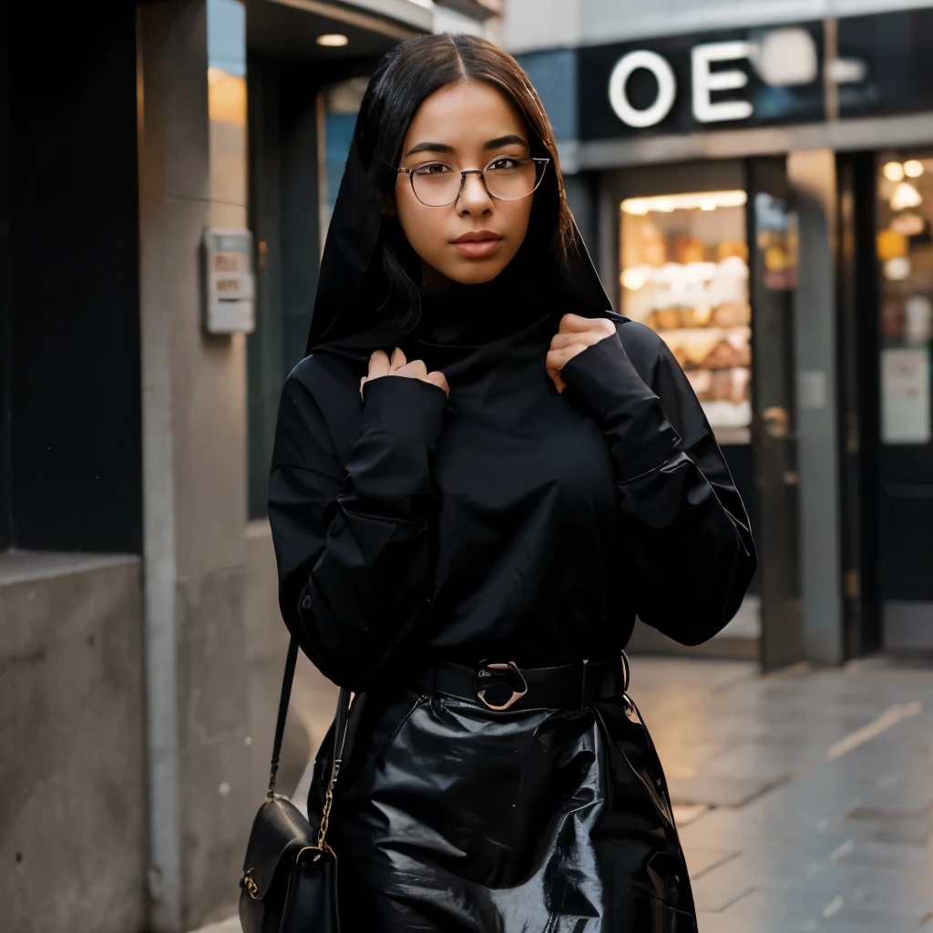 ((1girl)),cartoon, black veil, light skin, shiny glasses lenses, mouth closed and expressionless, standing up, with her hands holding bag