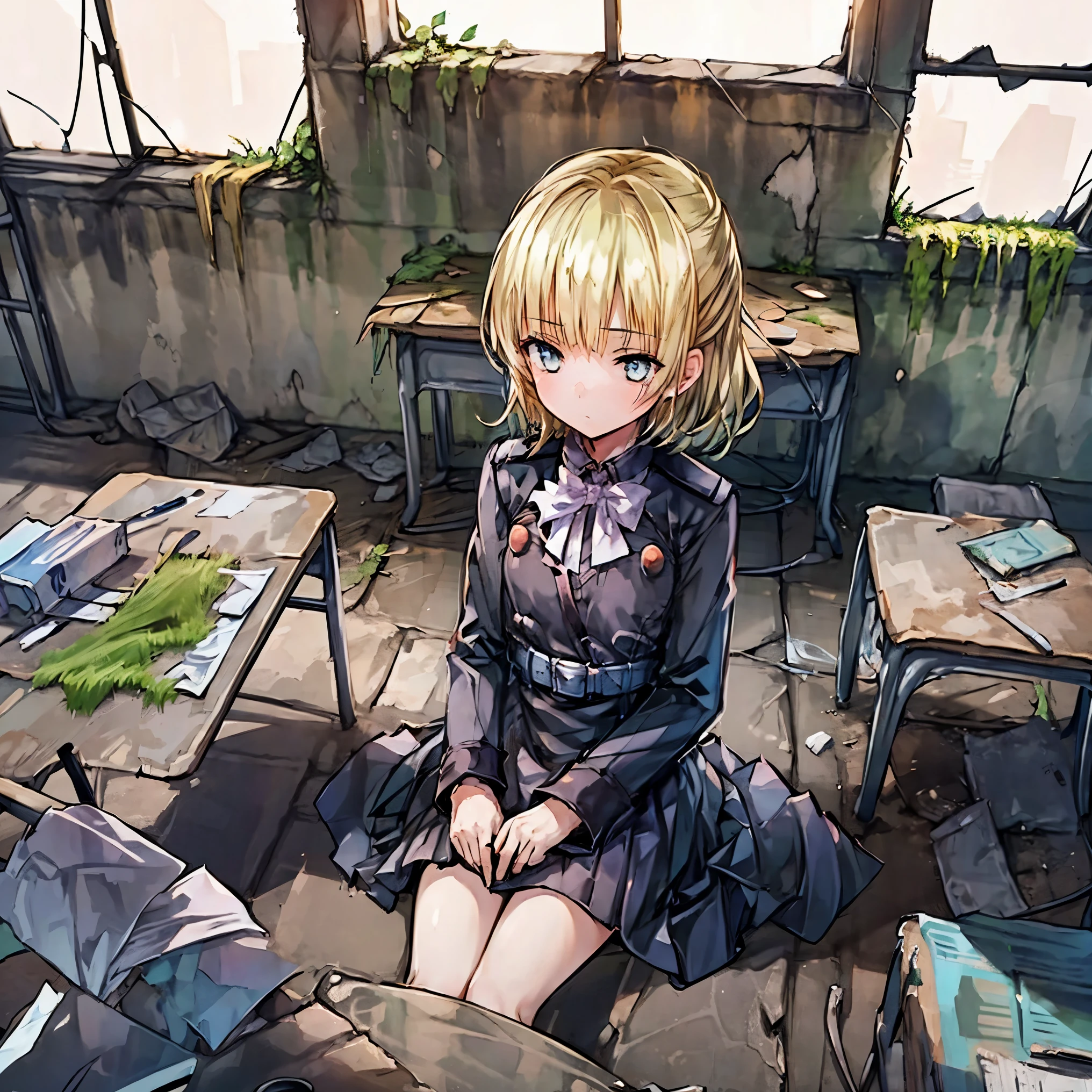 Concept art of a post-apocalyptic world with ruins, overgrown plants, flat chest，((the only girl who survived))，The content is very detailed,Detail view，anime，master piece，dilapidated building right sun，Dilapidated classrooms，Shabby table，Broken chair，open air，(covered with moss and grass)，3、Four&#39;afternoon clock，((Remains))，((A girl is sitting in the classroom and looking into the distance)),side，uniform，twisted braids，vanishing point, prospect, movie lighting，close-up shot shot