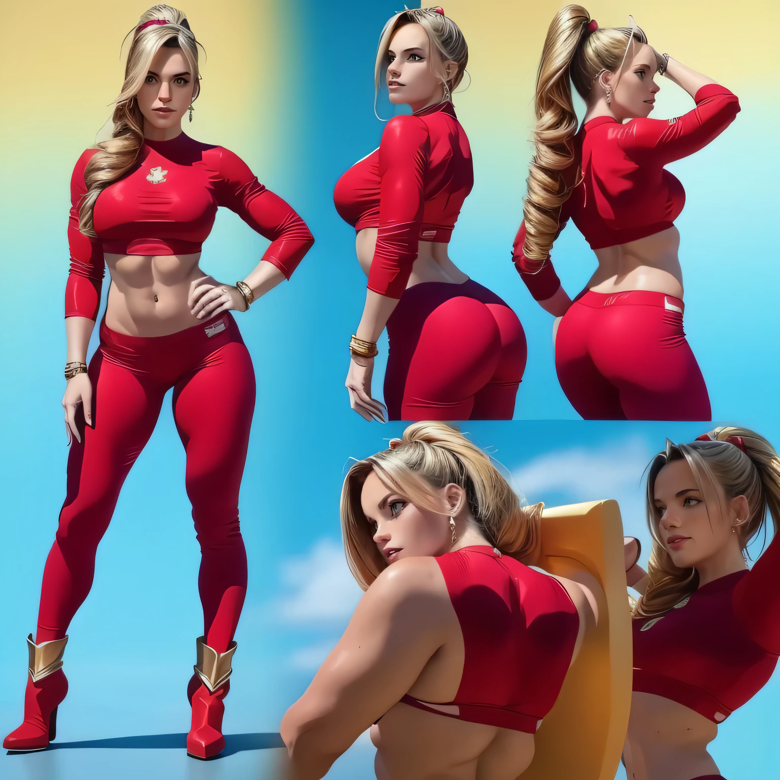 ((character concept art)), tall figure, ((character design sheet, same character, front, side, back)),( Masterpiece, 4k resolution, ultra-realistic, very detailed) Sexy beautiful female superheroine , , ponytail, red crop shirt, with a golden Star, wears a golden tiara on forehead with a red gem in her head , golden bracelets, long red boots, and small red shorts