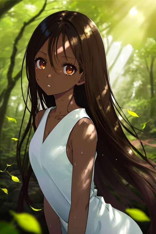 masterpiece, high quality, highres, 1girl, looking at viewer, portrait, face focus, collarbone, thighs, ((dark skin)), wet skin, very long Black hair, Each strand of hair is fine, hair between eyes, long bangs, messy hair, Wet hair beautiful and delicate ((brown eye's)), eye's in highlight, catch light eyes, specular highlight eyes, parted lips, (simple ((white)) one piece dress), ((sleeveless)), Yakushima, komorebi, sunlight filtering through the trees, the sunlight shining through the leaves of trees, bokeh, Blurred Backgrounds, depth of field,