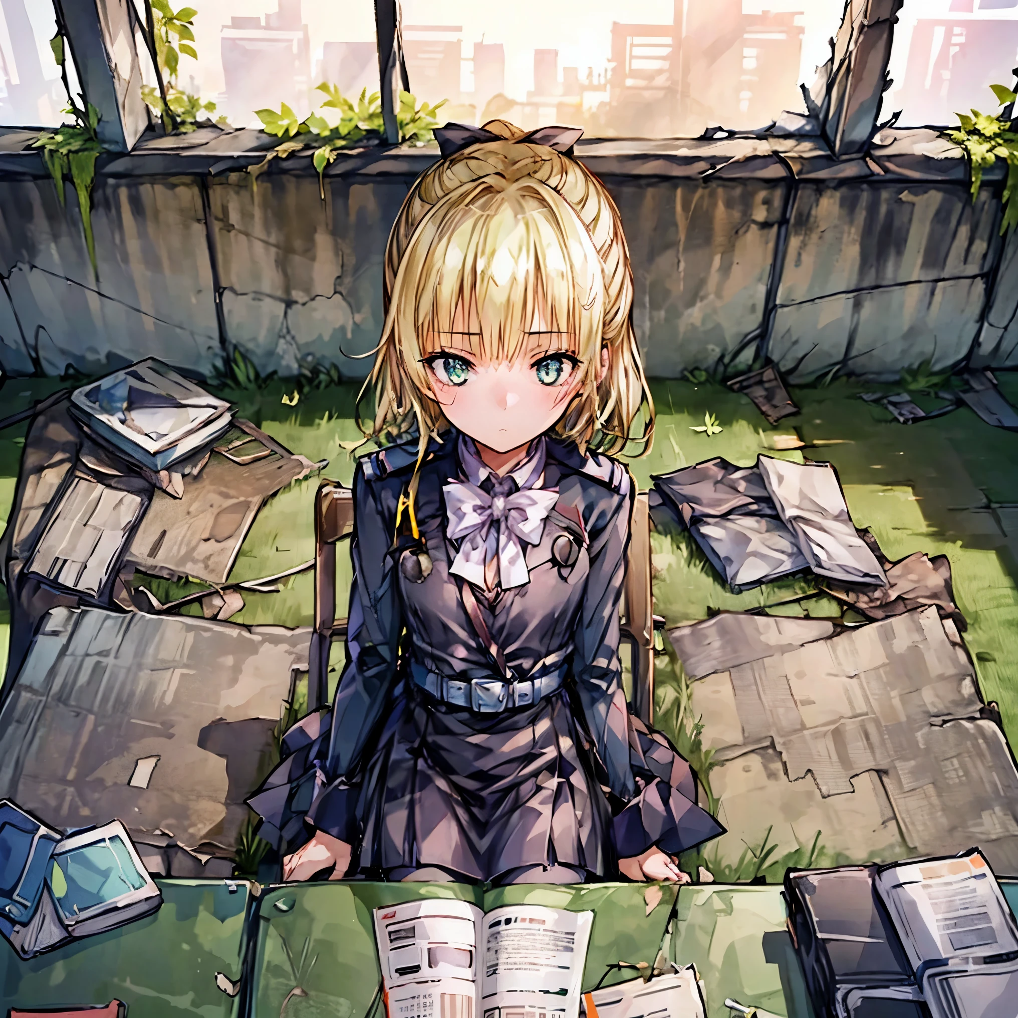 Concept art of a post-apocalyptic world with ruins, overgrown plants, flat chest，((the only girl who survived))，The content is very detailed,Detail view，anime，master piece，dilapidated building right sun，Dilapidated classrooms，Shabby table，Broken chair，open air，(covered with moss and grass)，3、Four&#39;afternoon clock，((Remains))，((A girl is sitting in the classroom and looking into the distance)),side，uniform，twisted braids，vanishing point, prospect, movie lighting，close-up shot shot