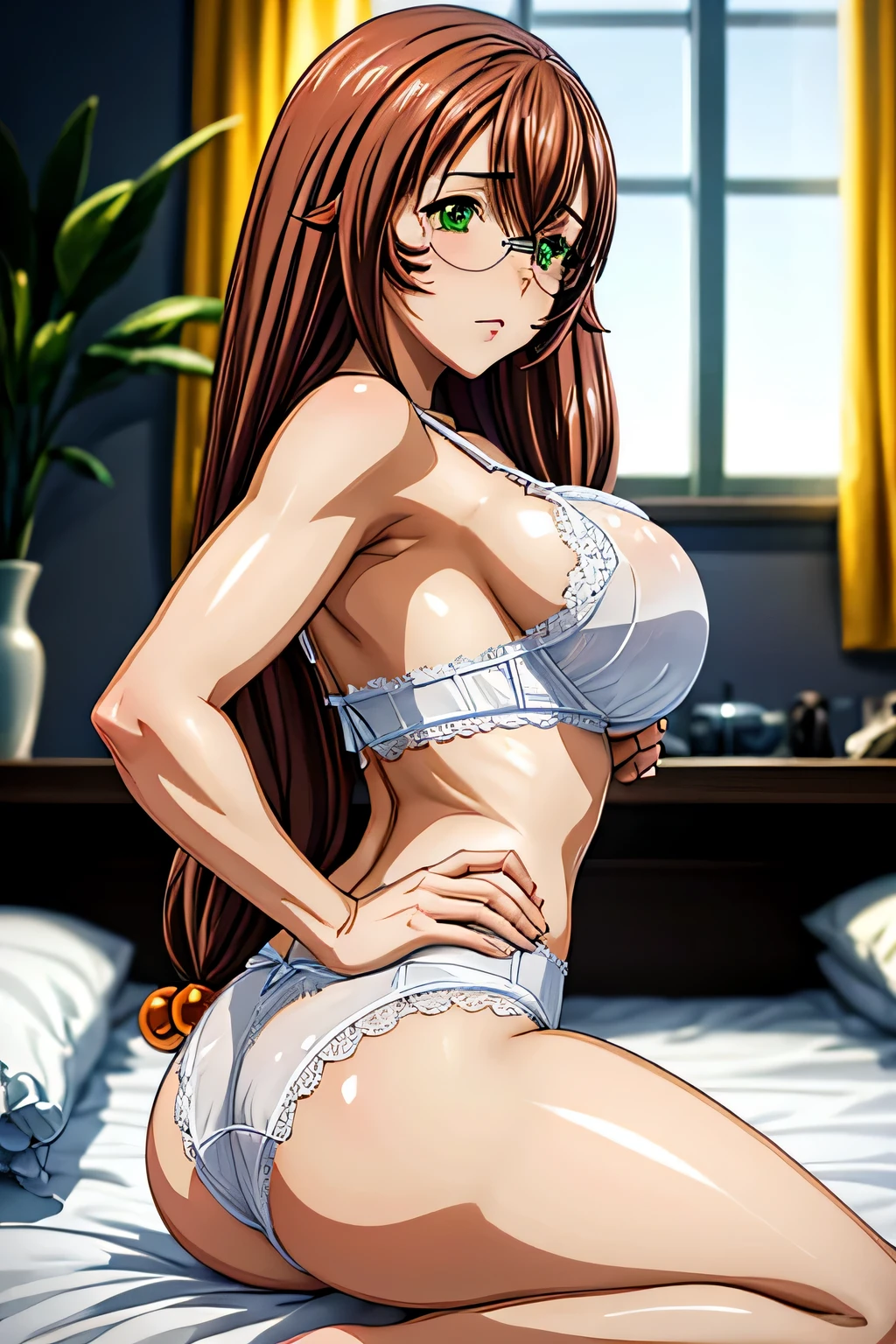 1 girl, (masterpiece:1.3), (high resolution), (8k), (Very detailed), (4K), (pixiv), perfect face, nice eyes and face, (best quality), (super detailed), Detailed face and eyes, (alone), textured skin, ridiculous, high resolution,
ruby,brown hair,very long hair, green eyes, hair accessories, big breasts, glyeses, ,
underwear, floor, Room, hotel, seductiv, big breasts, yes
