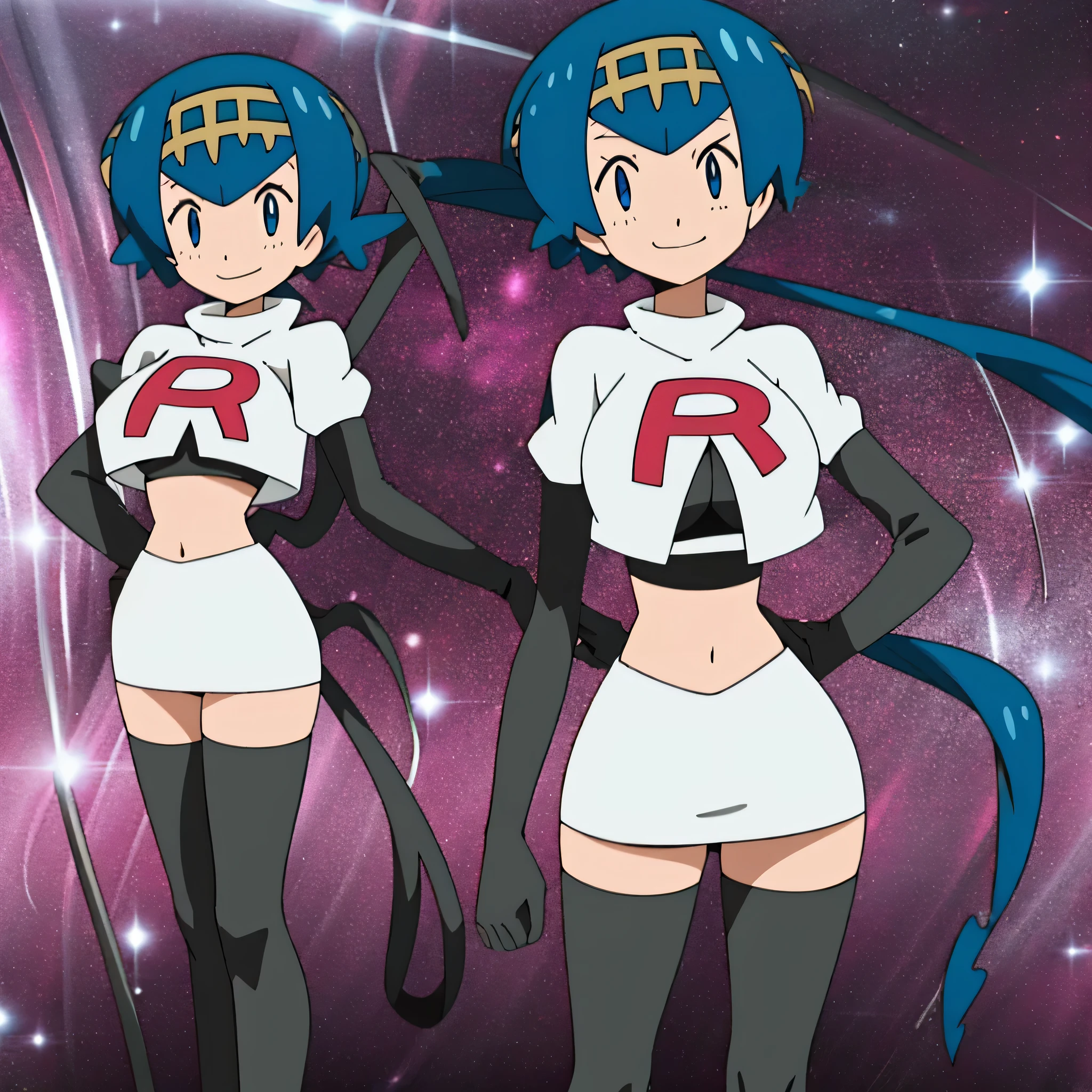 8k, anime screencap,1girl in, (solo:1.1), (perfect body:1.1), (best quality:1.1), very large breast, team rocket uniform, red letter r, white skirt,white crop top,black thigh-high boots, black elbow gloves, evil smile, looking down at viewer, hands on hips,zettai ryouiki,
